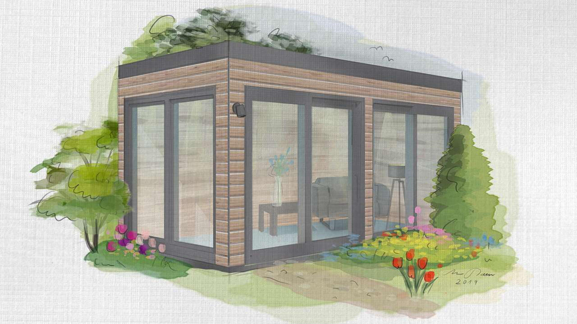 Illustration eines kleinen, modernen Gartenzimmers mit großen Glasfenstern und Holzverkleidung, umgeben von bunten Blumen, grünen Büschen und Bäumen. Der Innenraum zeigt einen Tisch und einen Stuhl in der Nähe des Fensters.