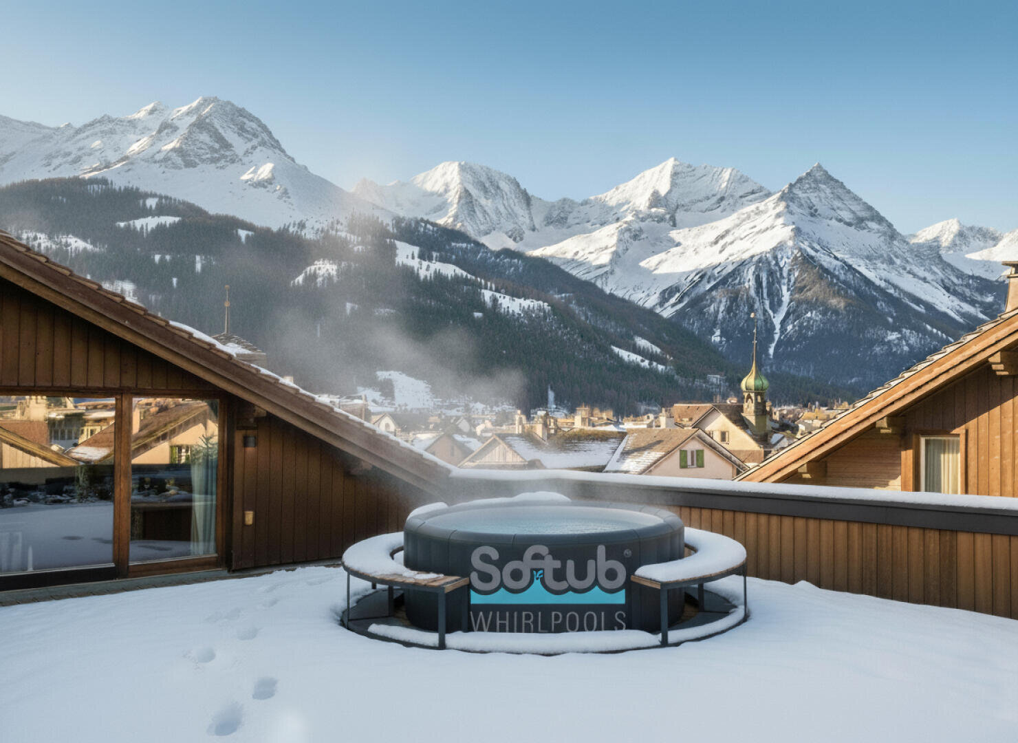 Ein dampfender Whirlpool, umgeben von Schnee, steht auf einem Dach, mit Blick auf Holzhäuser und schneebedeckte Berge unter einem klaren blauen Himmel. Auf der Wanne steht die Aufschrift "Softub Whirlpools".