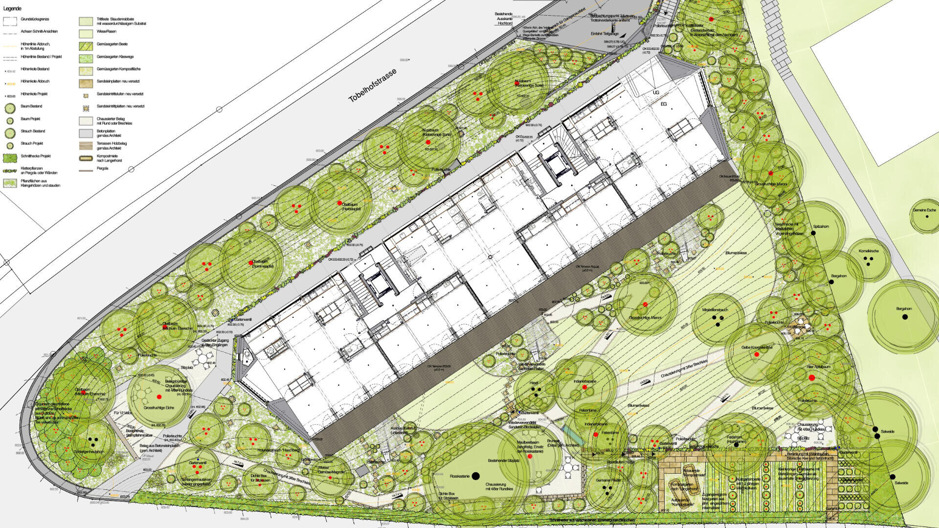 Architectural site plan showing a rectangular building surrounded by greenery, trees, paths, labeled gardens and outdoor areas. A legend at the top left identifies plant species and site features.
