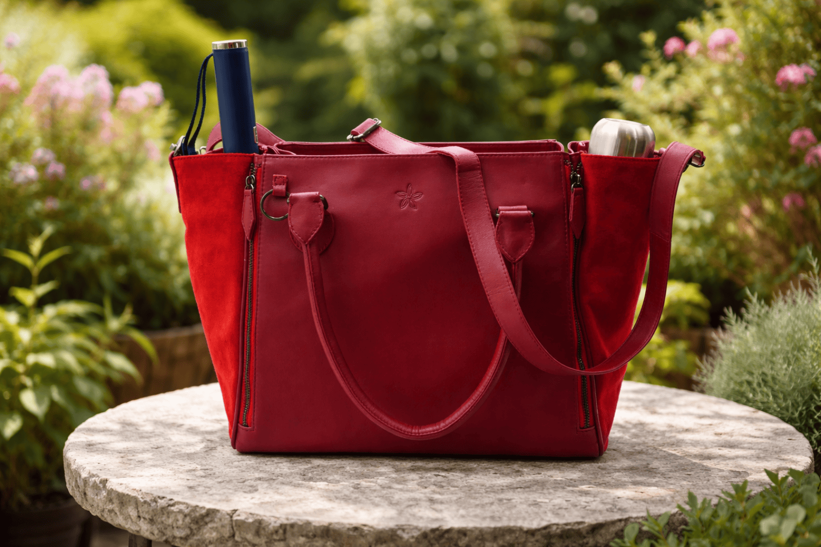A red carrier bag with a shoulder strap lies on an outdoor stone table, surrounded by greenery and pink flowers. The bag contains a silver bottle and a blue cylindrical object, both of which are partially visible.