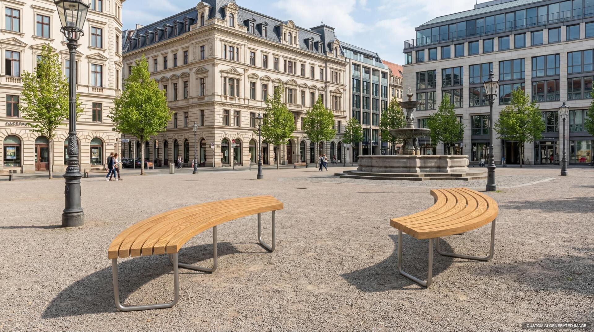 Ein Stadtplatz mit modernen geschwungenen Holzbänken, einem großen Steinbrunnen, Bäumen und historischen Gebäuden im Hintergrund; ein paar Leute gehen spazieren und entspannen sich auf dem offenen, sonnigen Platz.