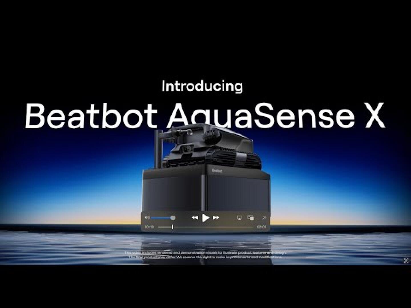 A black robot sits on a reflective water surface with a blue-orange sky background. The text above it reads: "Introducing Beatbot AquaSense X".
