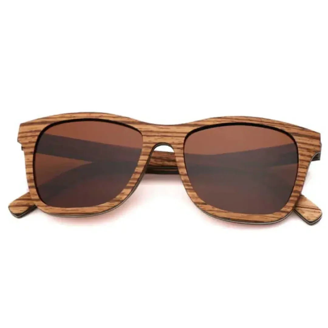 Sunglasses with a brown, wood-patterned frame and dark tinted lenses, set against a plain white background.