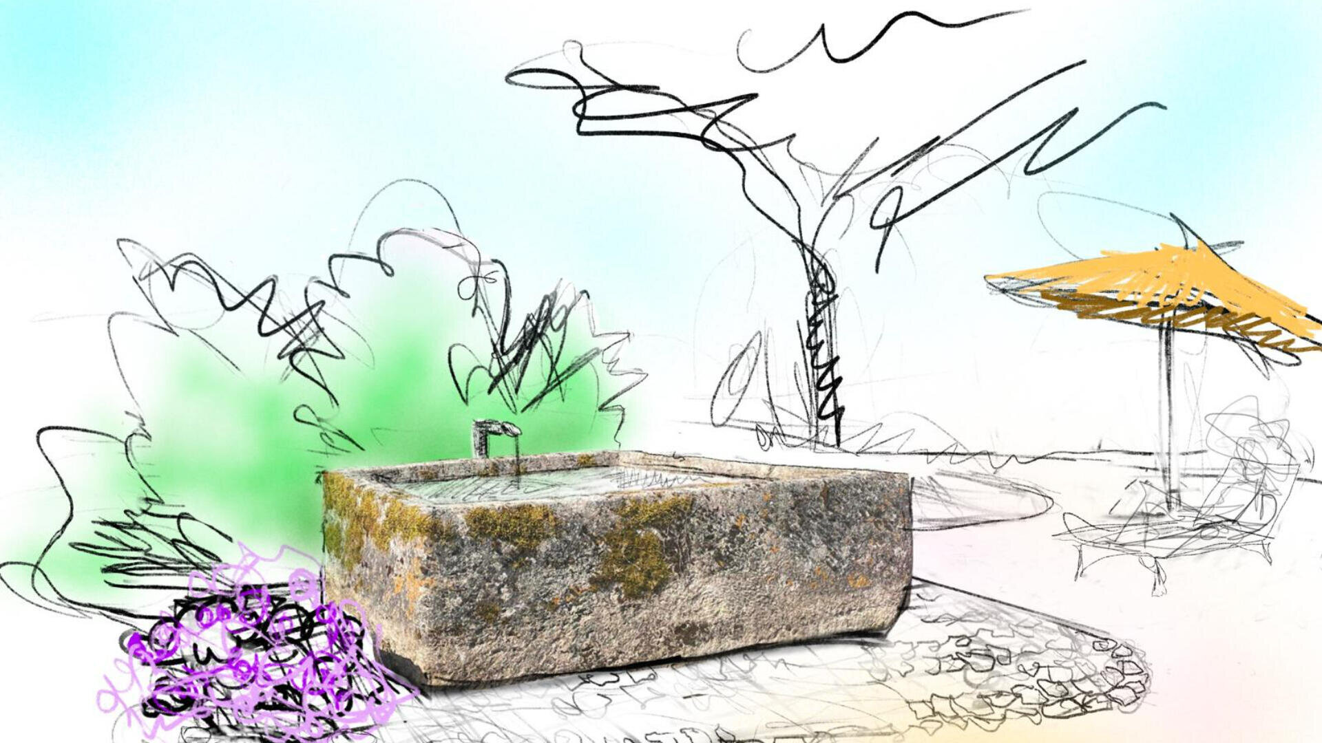 Ein steinerner Wasserbrunnen steht auf einer gepflasterten Fläche, umgeben von skizzenhaften Zeichnungen von Büschen, einem Baum und einem gelben Regenschirm. Der Hintergrund ist in sanften Grün-, Blau- und Violetttönen gehalten.