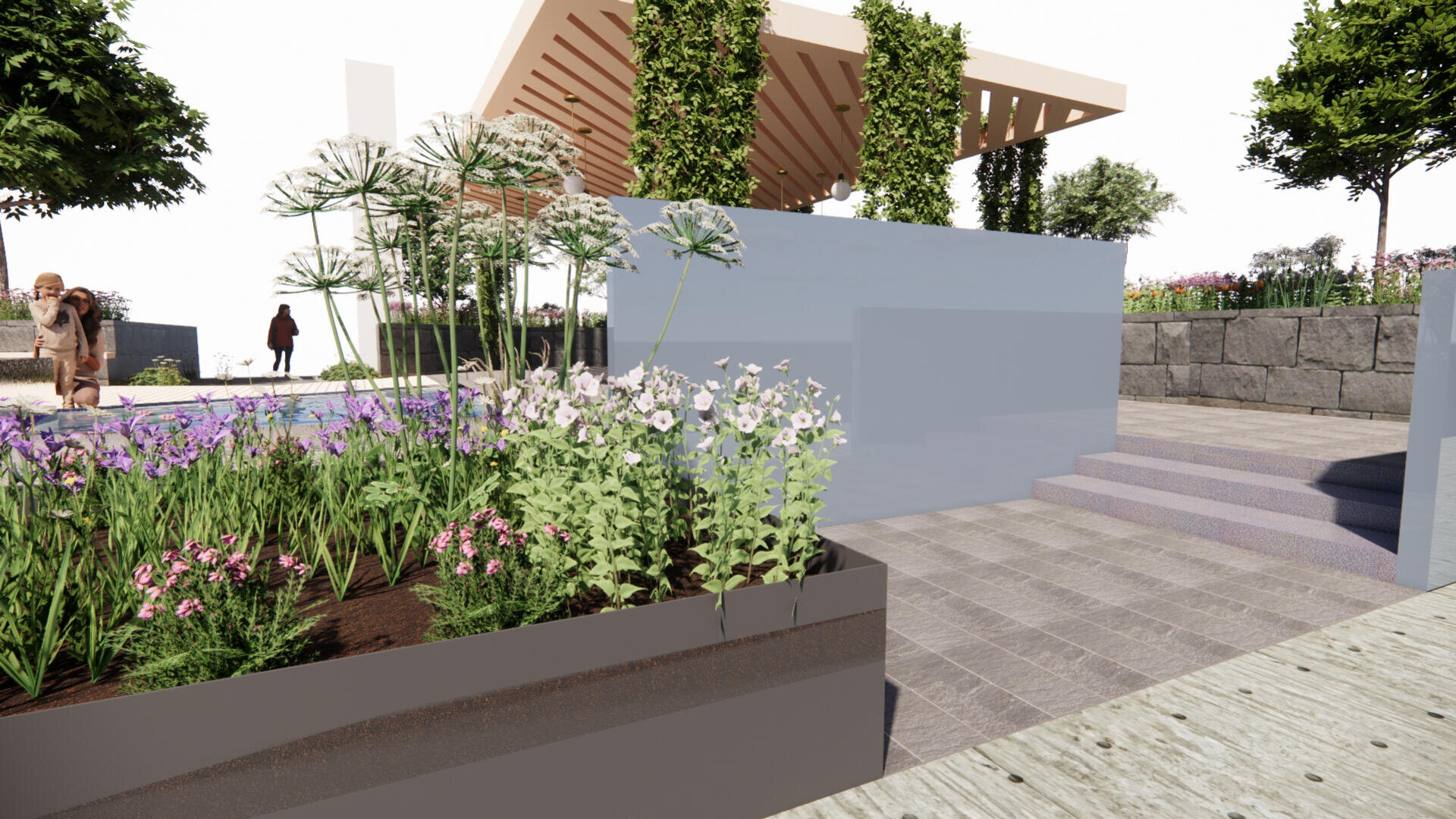 Ein moderner Garten im Freien mit Hochbeeten, blühenden weißen und violetten Blumen, Steinstufen, einer Mauer und einer Pergola, an deren Säulen Pflanzen emporwachsen. Im Hintergrund sind Bäume und Menschen zu sehen.