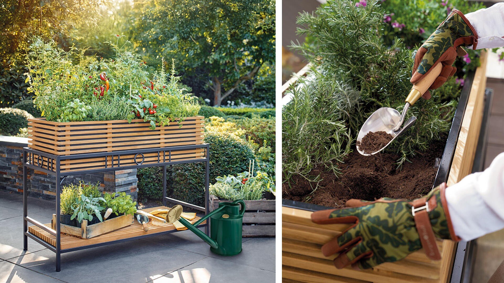 Ein hölzernes Hochbeet mit verschiedenen Kräutern und Gemüsesorten steht auf einer Terrasse; eine Person mit Handschuhen mit Tarnmuster verwendet eine Kelle, um den Pflanzen Erde zu geben. In der Nähe befinden sich Gartengeräte und eine Gießkanne.