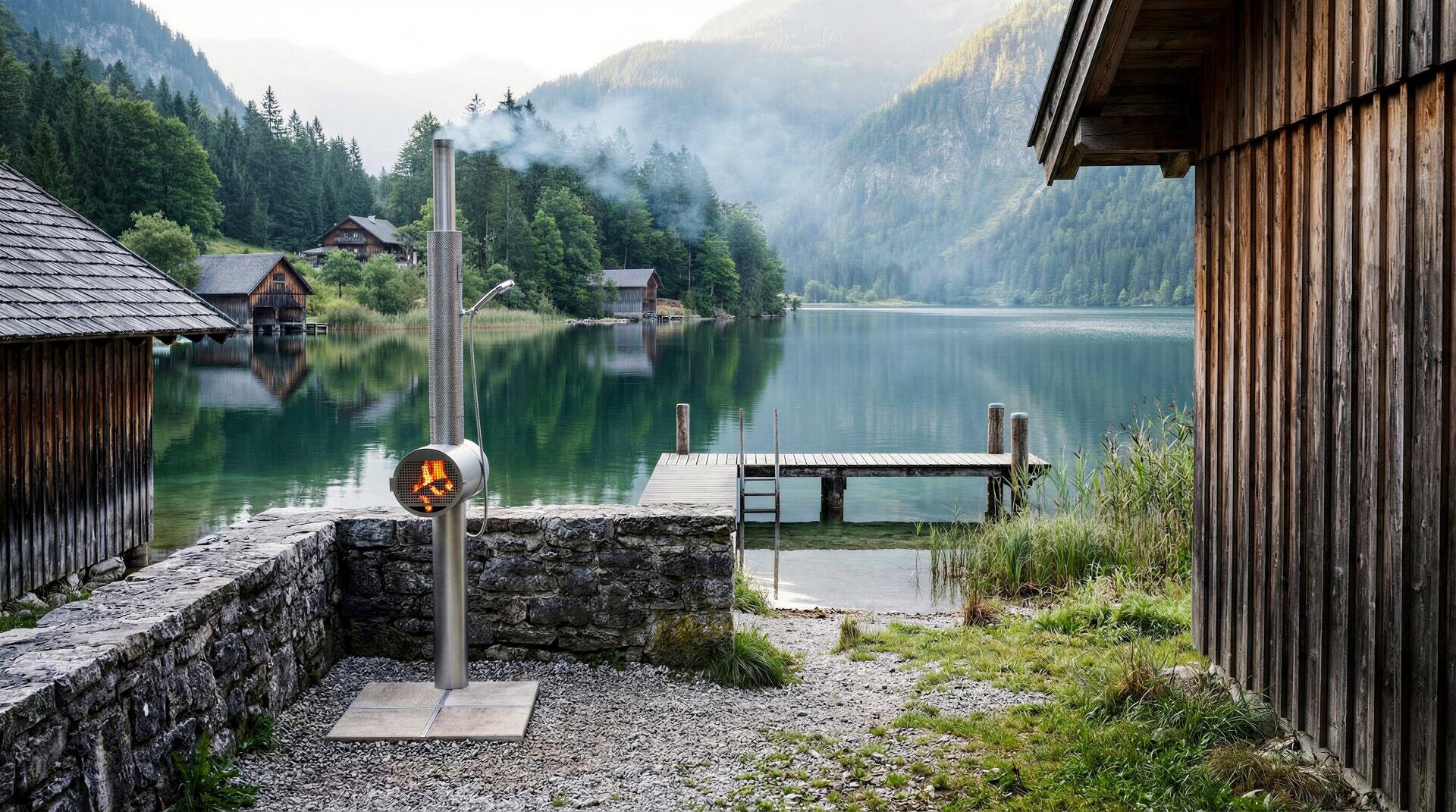 Ein moderner Holzofen brennt in der Nähe einer Steinmauer an einem ruhigen See, umgeben von Holzhütten und üppig bewaldeten Bergen unter einem dunstigen Himmel. Ein hölzerner Steg ragt in das ruhige Wasser.