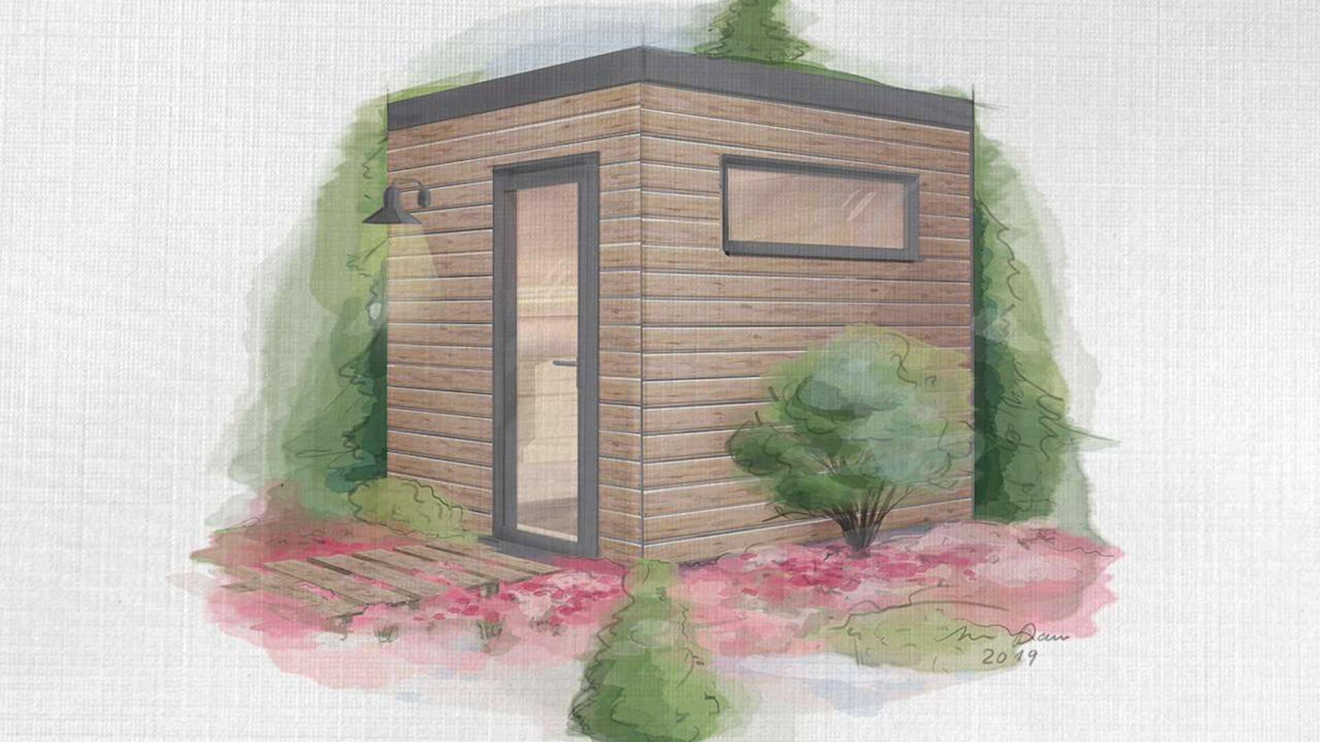 Ein kleiner, moderner Holzschuppen mit einer Glastür und einem schmalen Fenster steht in einem Garten mit grünen Sträuchern und rosafarbenen Blumen, umgeben von hohen Grünpflanzen.