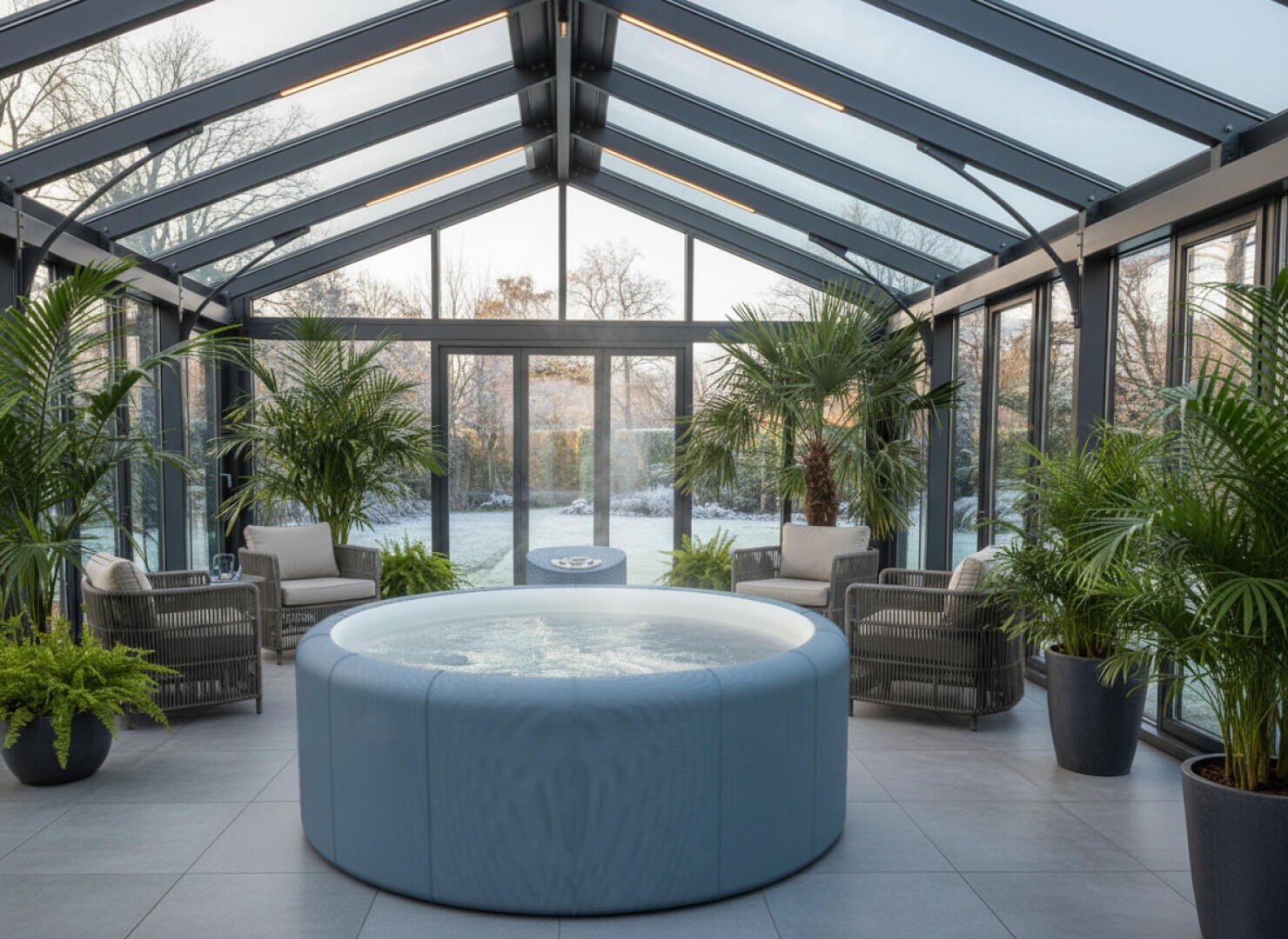 Ein moderner, glasüberdachter Wintergarten mit einem runden Whirlpool in der Mitte, umgeben von tropischen Topfpflanzen und vier Korbsesseln. Durch die bodentiefen Fenster kann man die verschneiten Bäume draußen sehen.