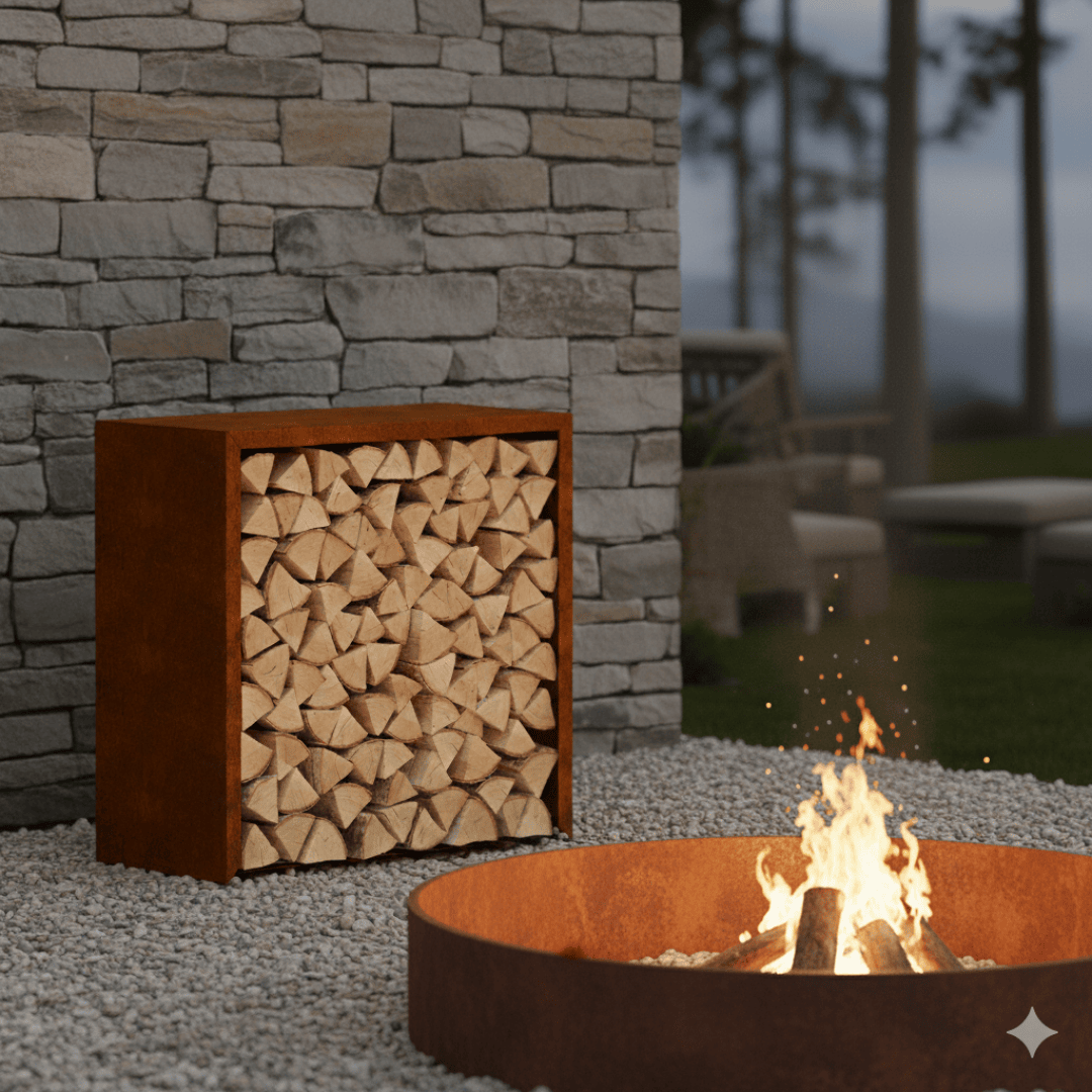 Eine moderne Szene im Freien mit einem Metallregal für Brennholz, das mit geschnittenem Holz gefüllt ist und auf Kies in der Nähe einer runden, verrosteten Stahlfeuerstelle mit einem brennenden Feuer steht. Im Hintergrund sind eine Steinmauer und Gartenmöbel zu sehen.