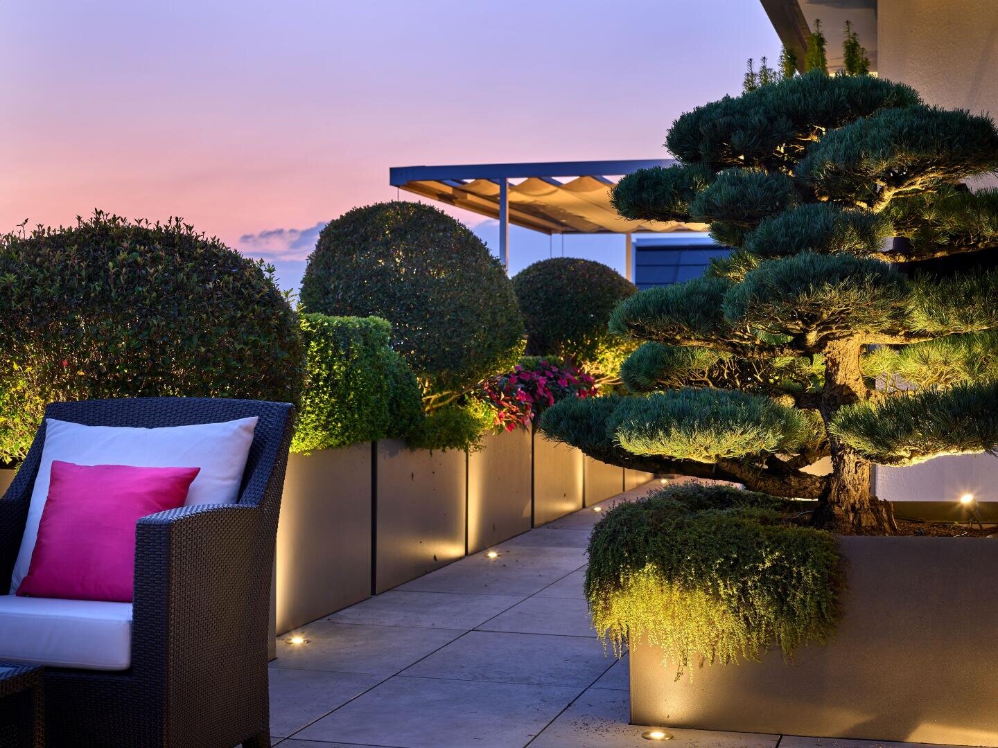 A modern roof terrace at sunset with well-tended greenery in large planters, soft floor lighting, a wicker chair with pink cushions and a well-tended tree creates a calm, inviting atmosphere.