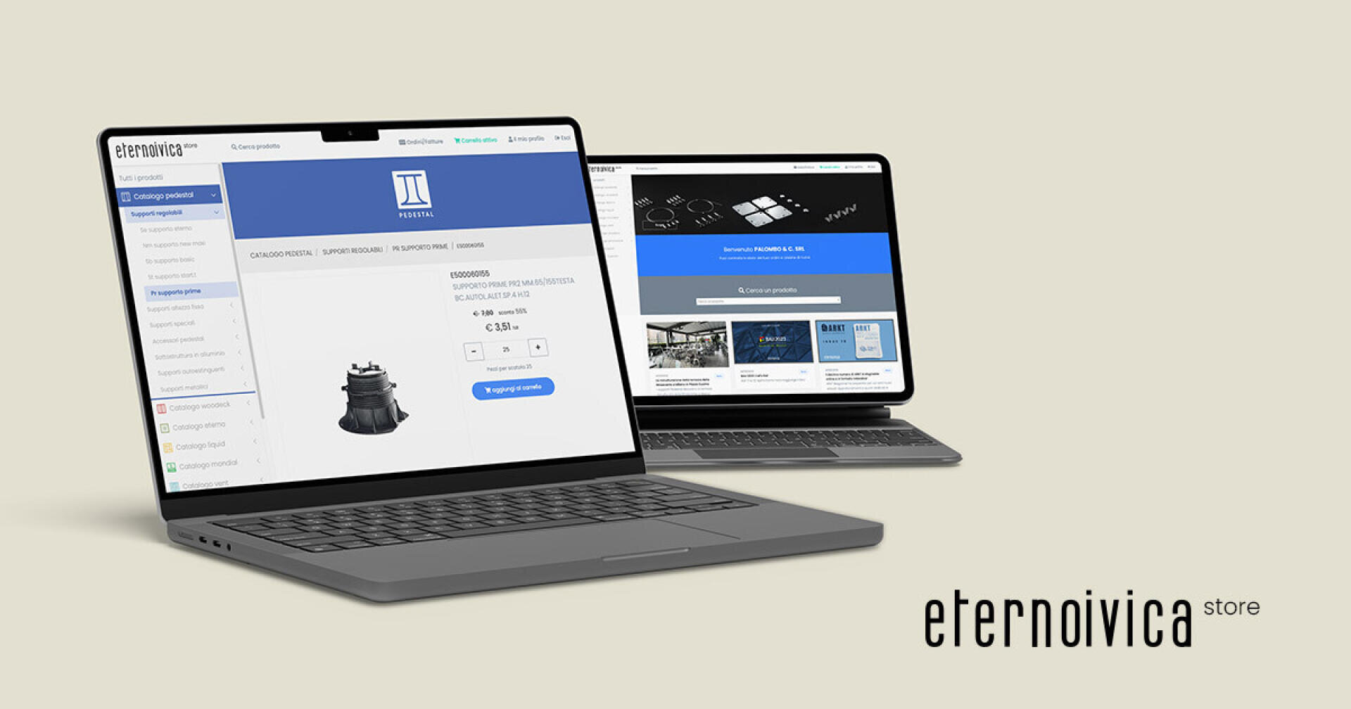 Two open laptops on a beige surface display the Eternoivica store website, showing product listings and technical details on their screens. The Eternoivica store logo appears in the lower right corner.