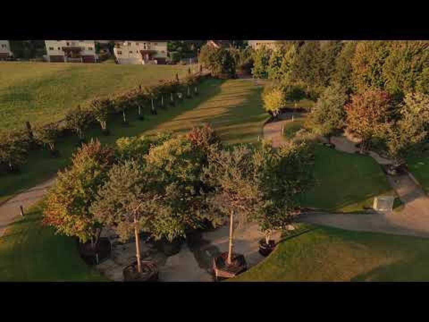 Aerial view of a landscaped park with winding paths, green lawns and groups of trees, surrounded by a field and residential buildings in the background.