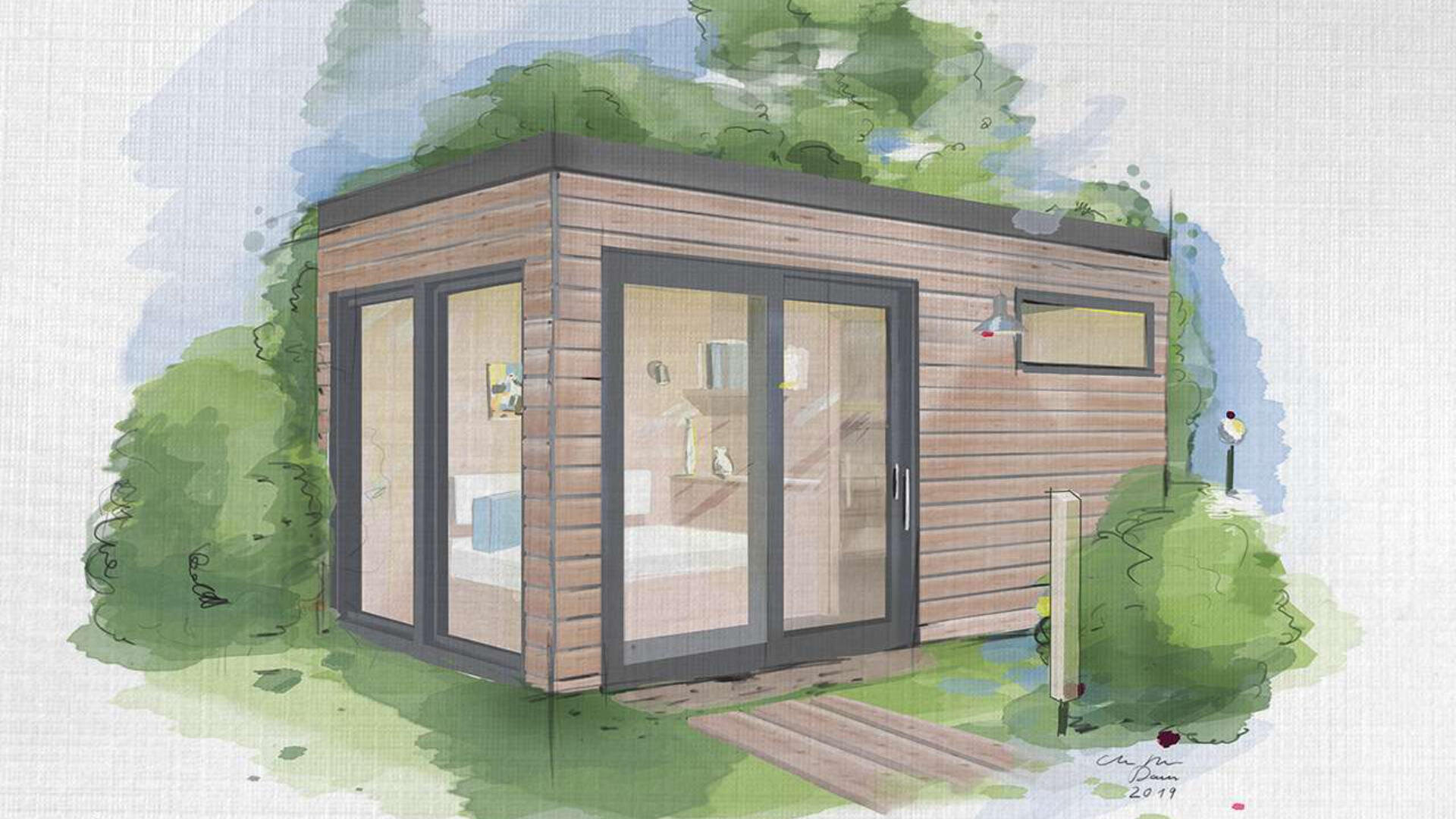 Aquarell-Stil Illustration einer kleinen modernen Holzhütte mit großen Glastüren und Fenstern, umgeben von Grün und Bäumen, mit einem gemütlichen, einladenden Aussehen.