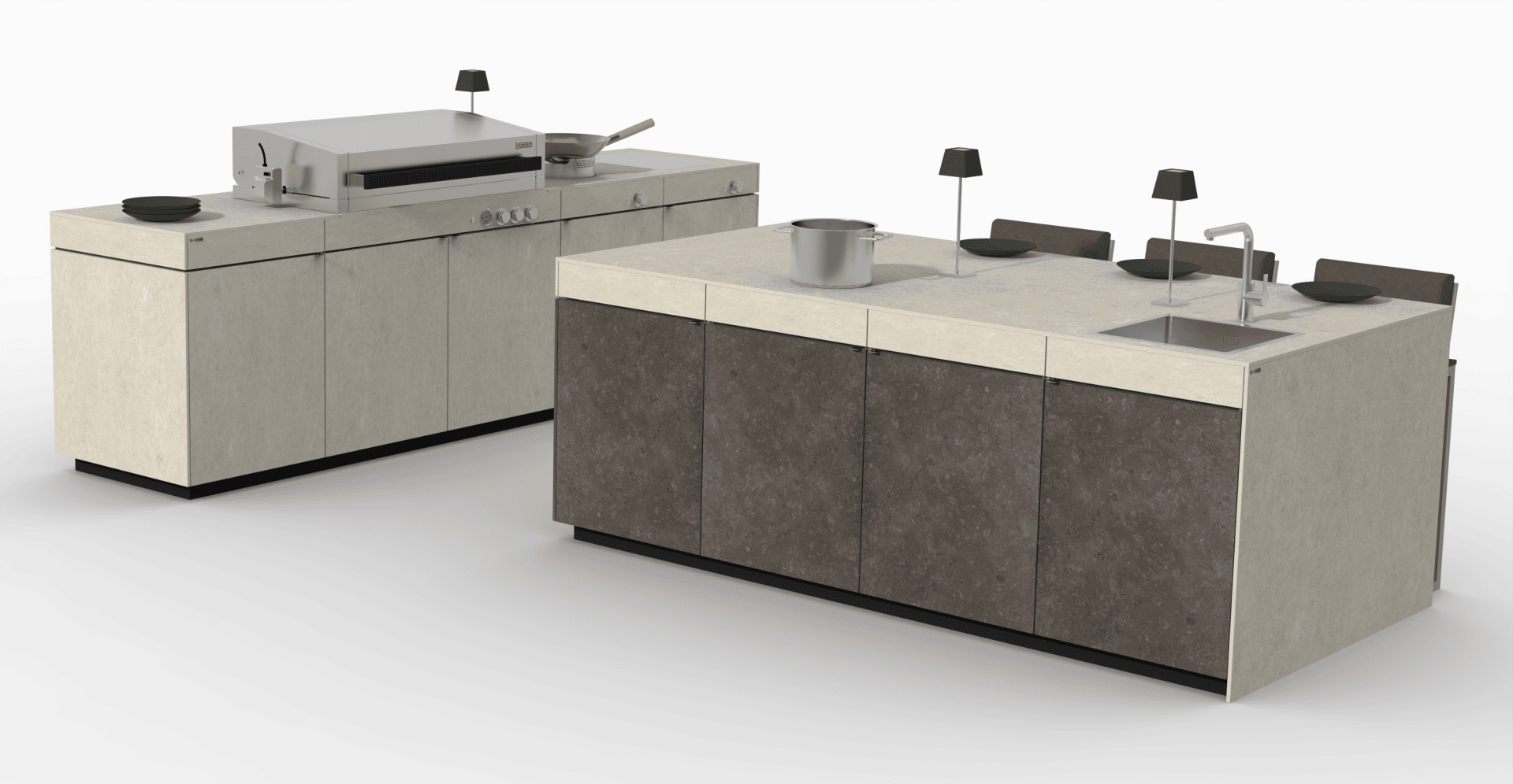Zwei moderne Kücheninseln: eine mit Herd, Backofen und Geschirr, die andere mit Spüle, Topf und Stühlen. Beide haben beige und braune Schränke und ein minimalistisches Dekor vor einem schlichten Hintergrund.