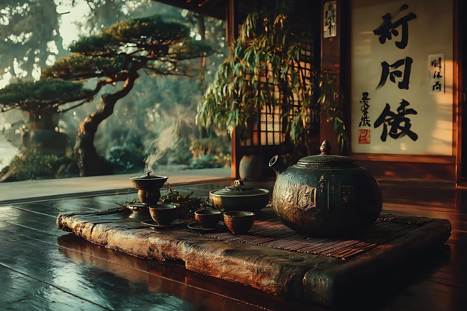 Ein traditionelles japanisches Teeservice mit Teekanne und Tassen steht auf einer Holzmatte in einem Innenraum, aus dem Dampf aufsteigt. Ein Bonsai-Baum, Kalligrafie-Rollen und ein Garten im Freien sind zu sehen, der in warmes, natürliches Licht getaucht ist.