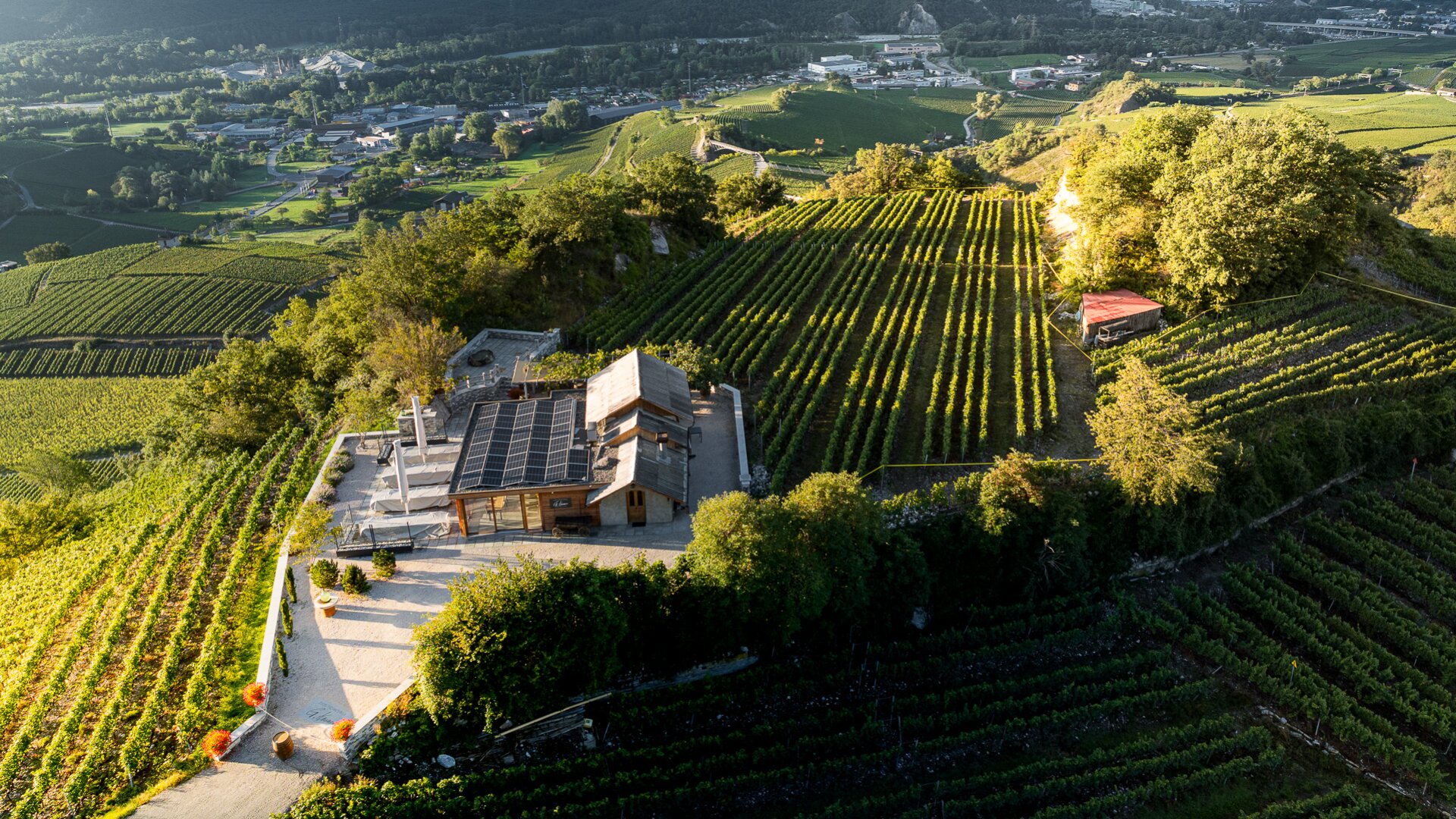 Luftaufnahme eines Hauses mit Sonnenkollektoren inmitten üppiger grüner Weinberge auf einem Hügel, mit einem kleinen rotgedeckten Schuppen in der Nähe und einer Stadt im entfernten Tal.