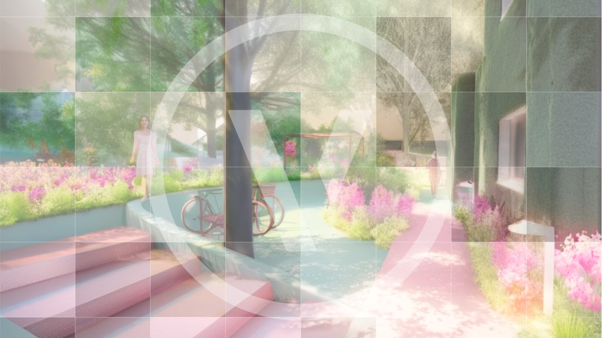 Eine helle Szene im Freien mit rosafarbenen Stufen, einem Fahrrad in der Nähe eines Baumes, üppigem Grün und blühenden Blumen; eine leicht bekleidete Person geht einen gewundenen Pfad in einer sonnenbeschienenen, modernen Gartenlandschaft entlang.