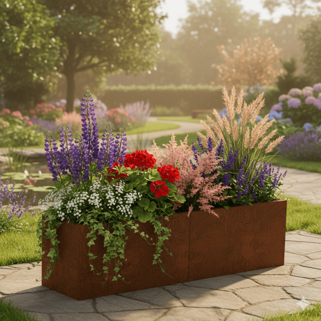 Ein erhöhtes rechteckiges Pflanzgefäß mit blühenden roten, lila, rosa und weißen Blumen und grünem Laub steht an einem sonnigen Tag auf einem Steinweg in einem üppigen Garten. Im Hintergrund sind Bäume und Sträucher zu sehen.