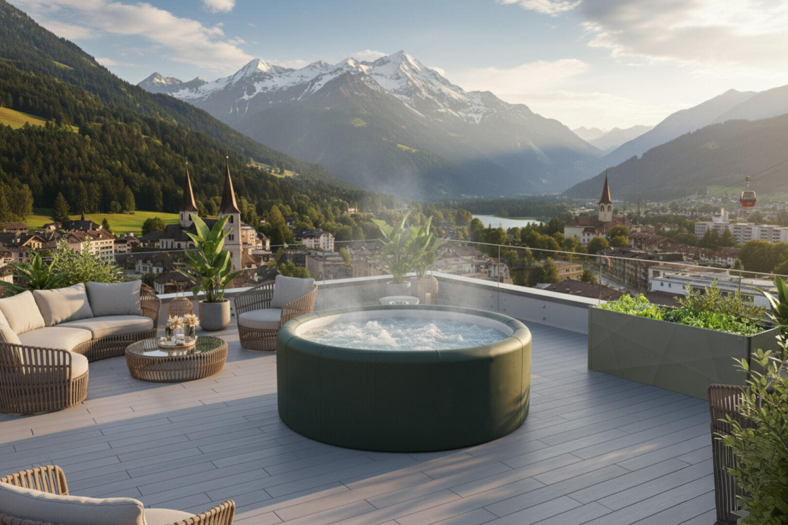 Eine Dachterrasse mit Whirlpool bietet einen Blick auf eine malerische Stadt, grüne Hügel und schneebedeckte Berge unter einem klaren Himmel. Bequeme Terrassenmöbel und Topfpflanzen schmücken den modernen Außenbereich.