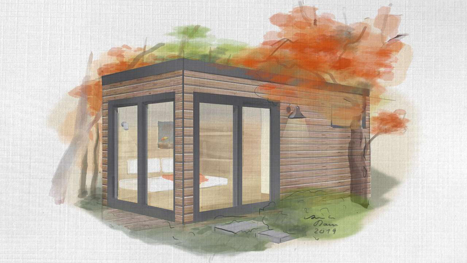 Eine kleine, moderne Holzhütte mit großen Glastüren und Fenstern steht inmitten von Bäumen mit herbstlich gefärbten Blättern. Die Szene ist sanft gemalt, was ihr eine gemütliche, ruhige Atmosphäre verleiht.