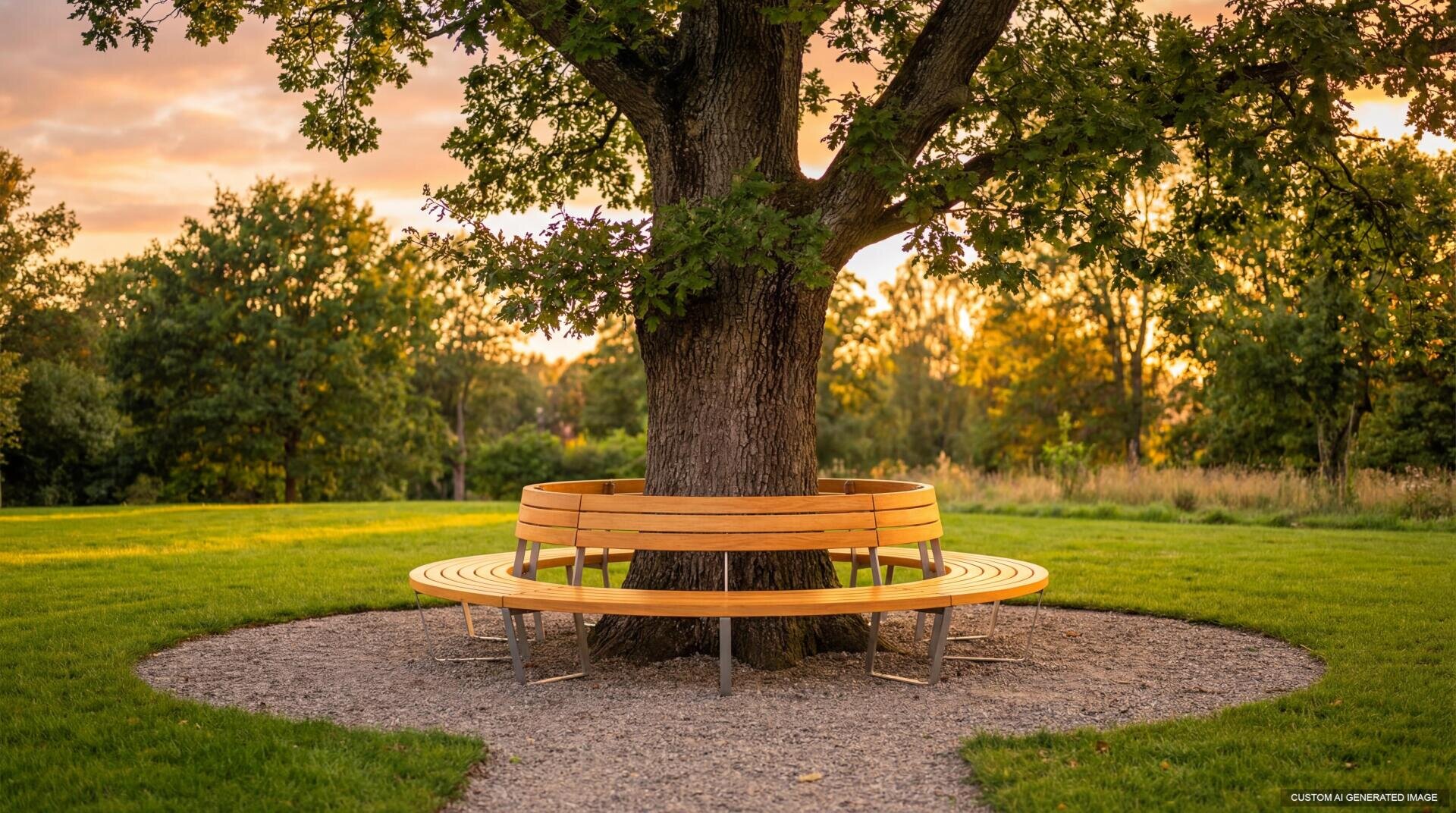 Ein großer Baum steht in der Mitte eines grasbewachsenen Parks, umgeben von einer runden Holzbank. Die Sonne geht im Hintergrund unter und wirft ein warmes, goldenes Licht auf die friedliche grüne Landschaft.