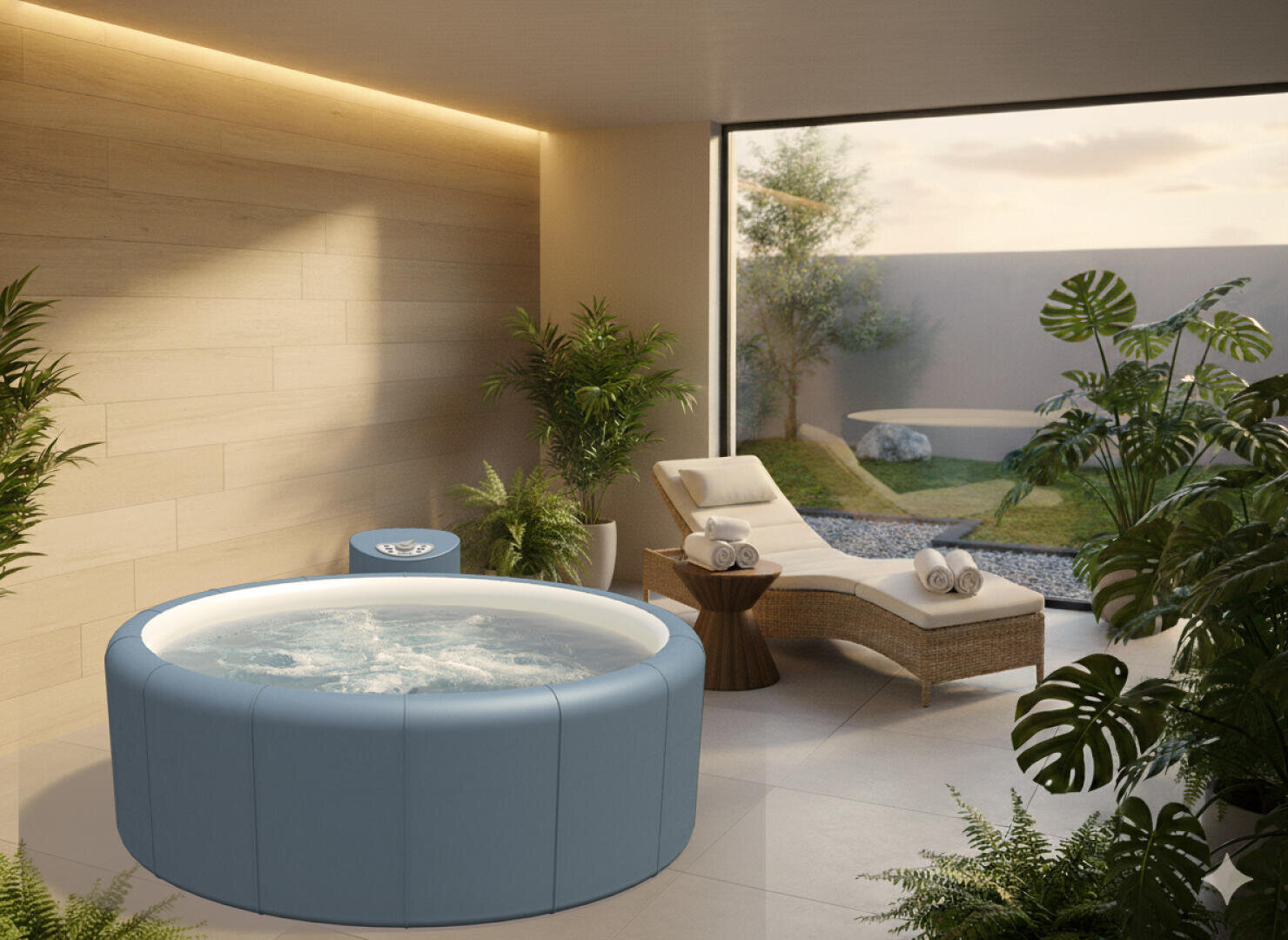 Ein moderner Innen-Spa-Raum mit einem runden blauen Whirlpool, einem Korbsessel mit gerollten Handtüchern, mehreren Grünpflanzen und großen Fenstern, die auf einen kleinen Garten im Freien blicken.