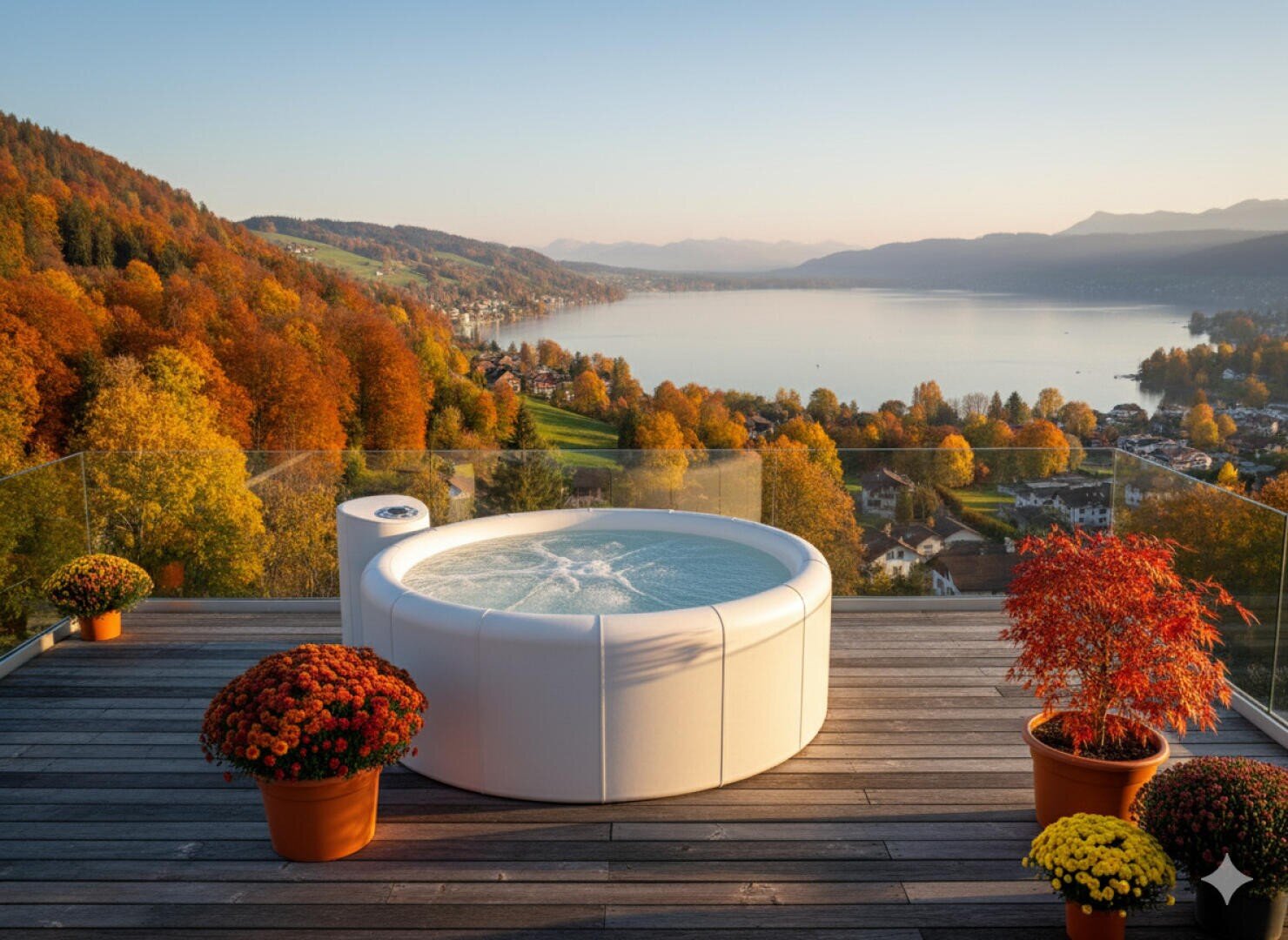 Ein weißer Whirlpool steht auf einer Holzterrasse mit Glasgeländer und bietet einen Blick auf einen malerischen See und bunte Herbstbäume. Topfpflanzen mit orangefarbenem und rotem Laub schmücken die Terrasse. Der Himmel ist klar und die Landschaft ist ruhig.