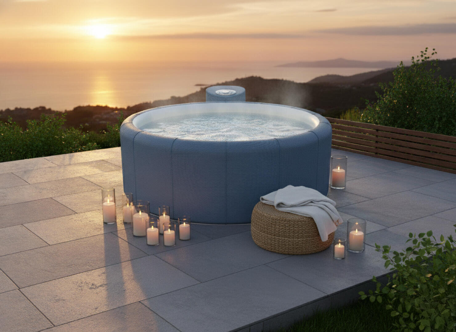 A round whirlpool with bubbling water stands on a stone terrace overlooking the sea at sunset, surrounded by burning candles, a wicker stool, and a folded towel on top. 