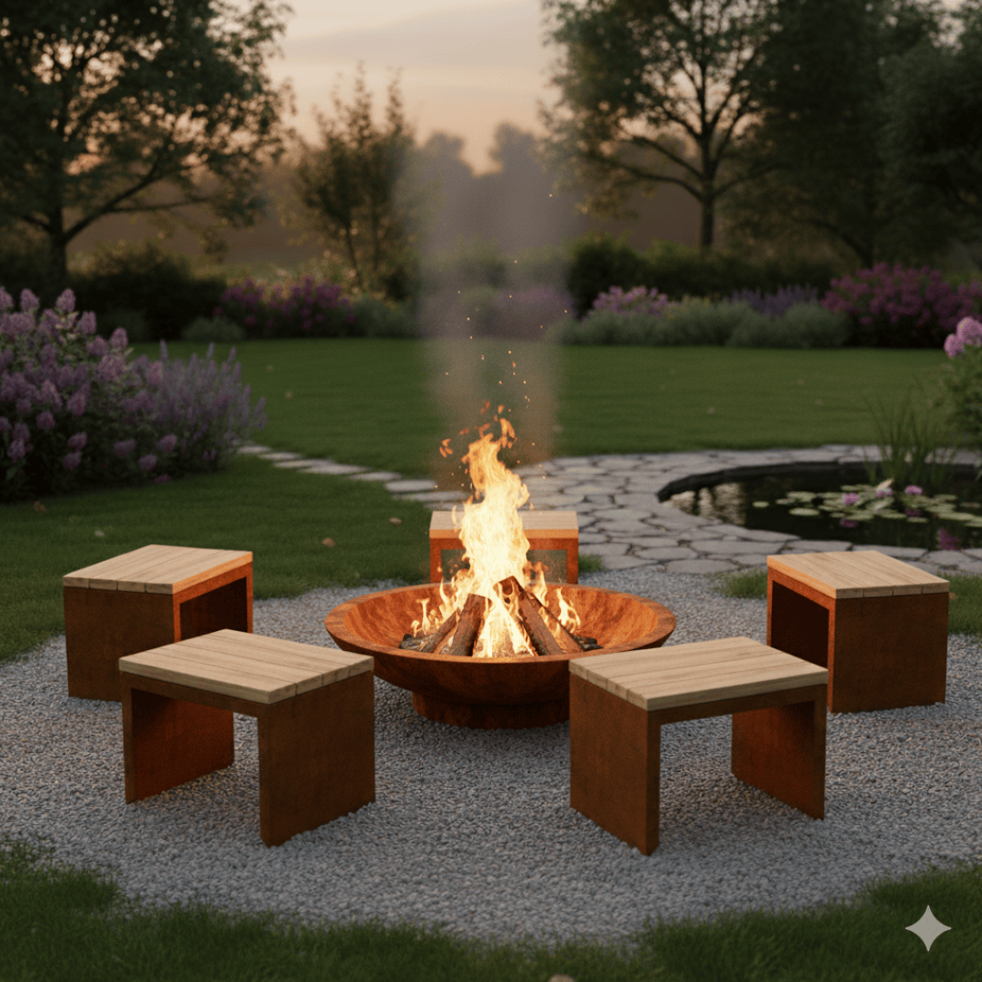 Eine Feuerstelle mit brennenden Holzscheiten ist von vier Holzhockern auf einer Kiesfläche in einem angelegten Garten umgeben, mit grünem Gras, blühenden Pflanzen und Bäumen im Hintergrund bei Sonnenuntergang.