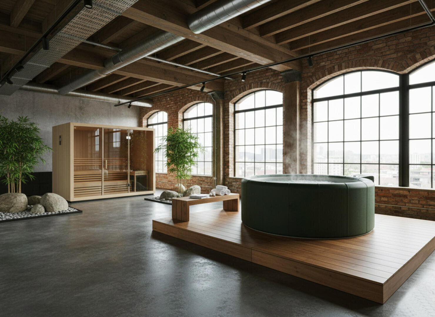 Ein modernes Loft mit großen Bogenfenstern, freiliegenden Ziegelwänden und Holzbalken verfügt über einen runden Whirlpool auf einer Holzplattform, eine Holzsauna, Bambuspflanzen und dekorative Steine.
