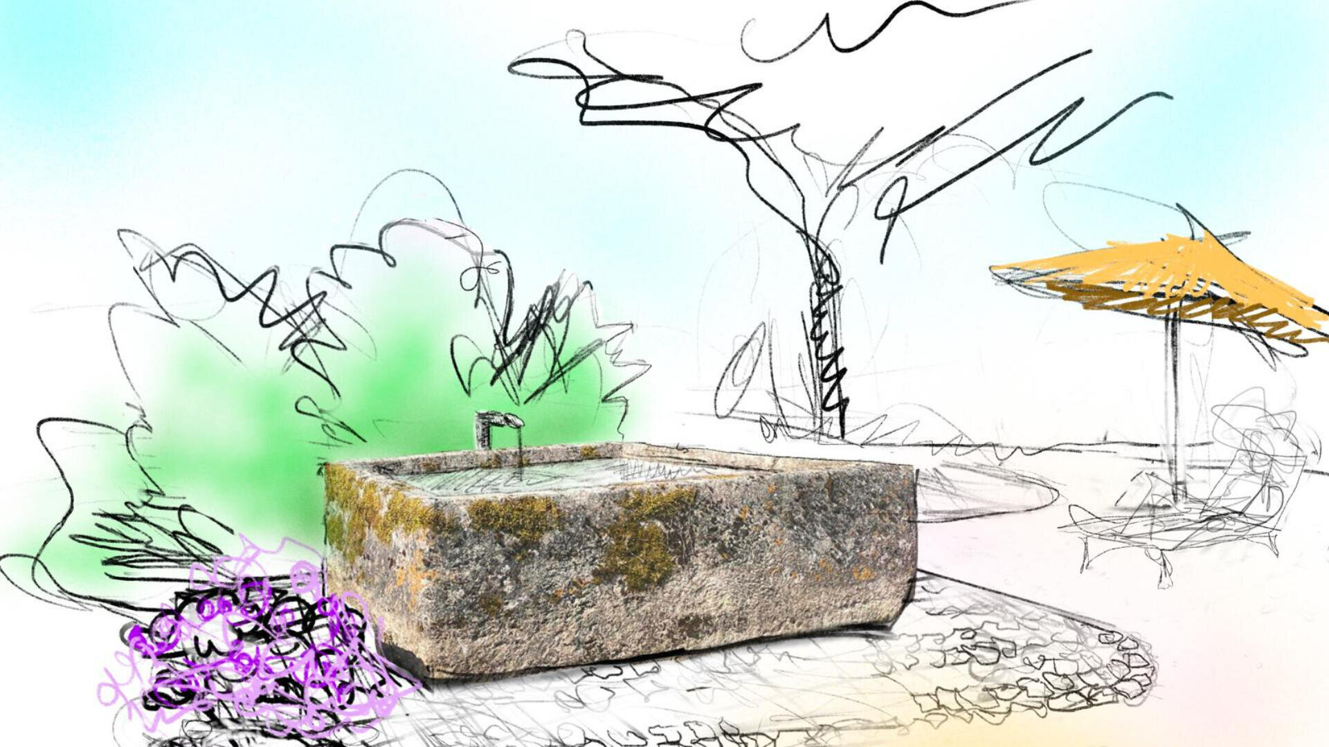 A sketch-style illustration of a stone water fountain surrounded by green bushes and purple flowers, with a yellow umbrella and trees in the background under a lightly colored sky.