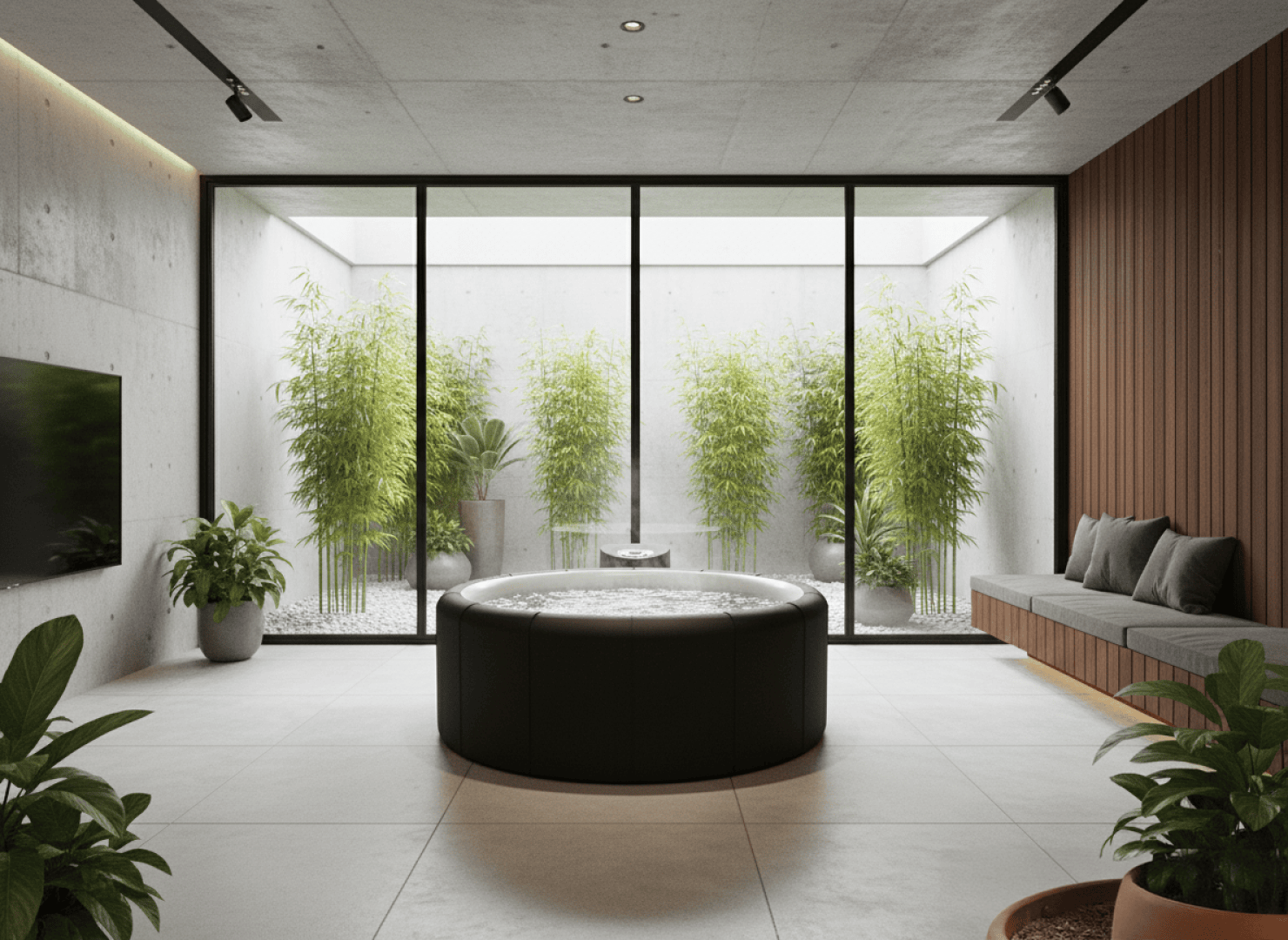 Ein moderner Innen-Spa-Raum verfügt über einen runden schwarzen Whirlpool, eine gepolsterte Holzbank, Topfpflanzen und eine große Glaswand, die einen minimalistischen Innenhof mit Bambus zeigt.