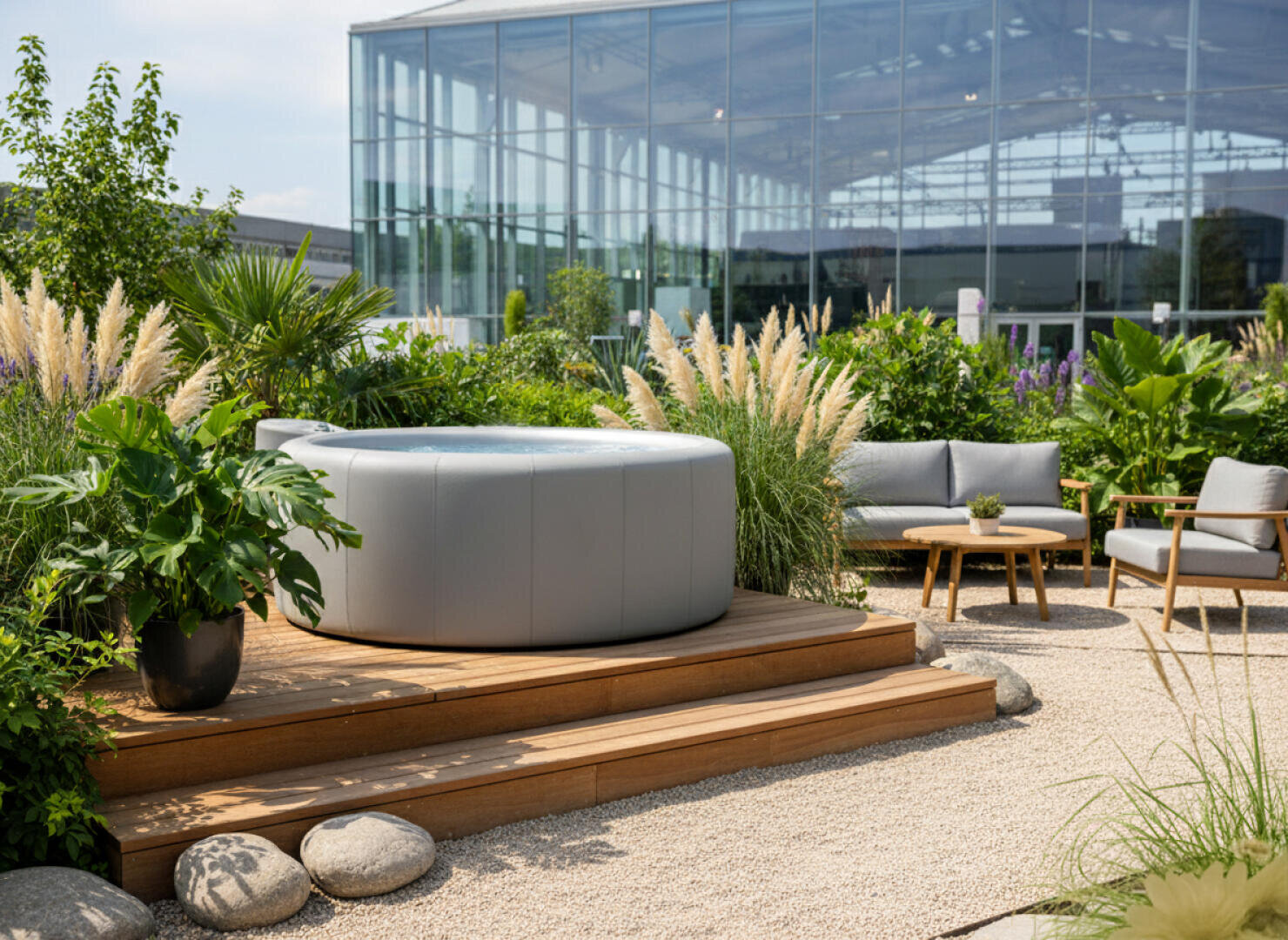 Eine moderne Außenterrasse mit einem runden grauen Whirlpool auf Holzstufen, umgeben von üppigen Grünpflanzen, einem Sitzbereich mit Sofa und Stühlen, einem Tisch und dekorativen Steinen in einem angelegten Garten. Im Hintergrund ist ein Glasgebäude zu sehen.