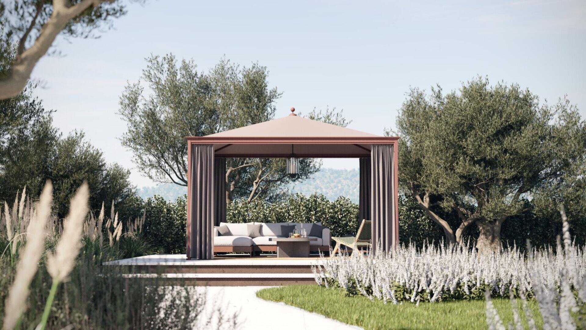 A modern outdoor gazebo with a peaked roof and open sides stands on a patio, furnished with a sofa, chairs, and a coffee table, surrounded by greenery and trees under a clear sky.