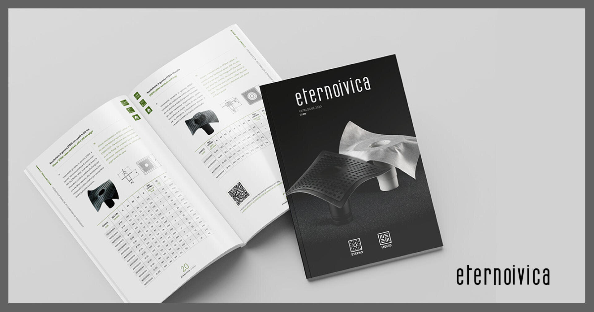 Ein Katalog mit dem Titel eternoivica ist auf einer grauen Fläche ausgestellt, wobei ein geschlossenes Exemplar abstrakte Produktbilder auf dem Umschlag zeigt und ein offenes Exemplar Produktinformationen, Bilder und Diagramme. Darunter ist das eternoivica-Logo abgebildet.