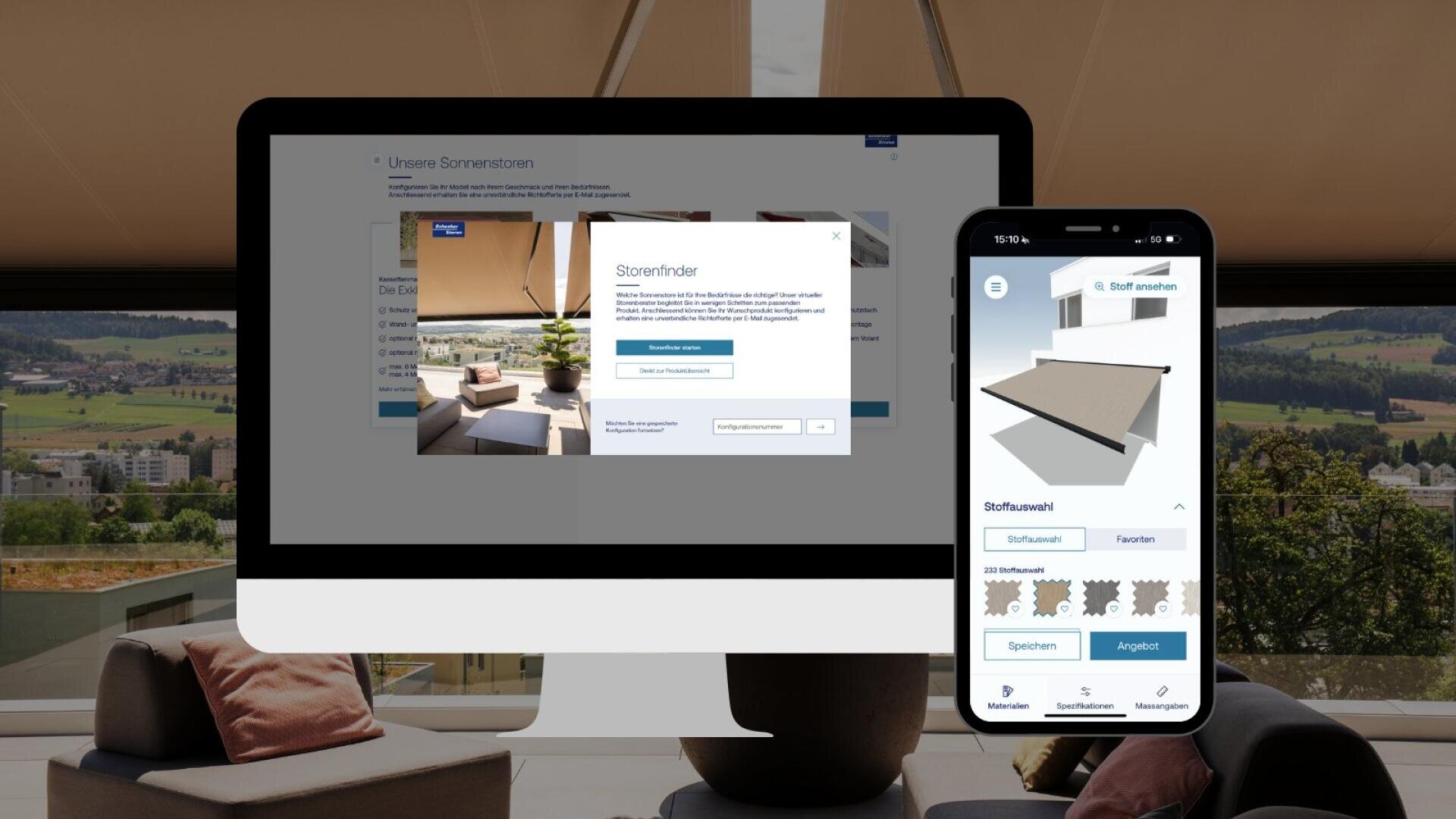 A computer and a smartphone display a website and an app with options for customizing awnings on a desk overlooking a balcony from which you can see fields, houses and hills.