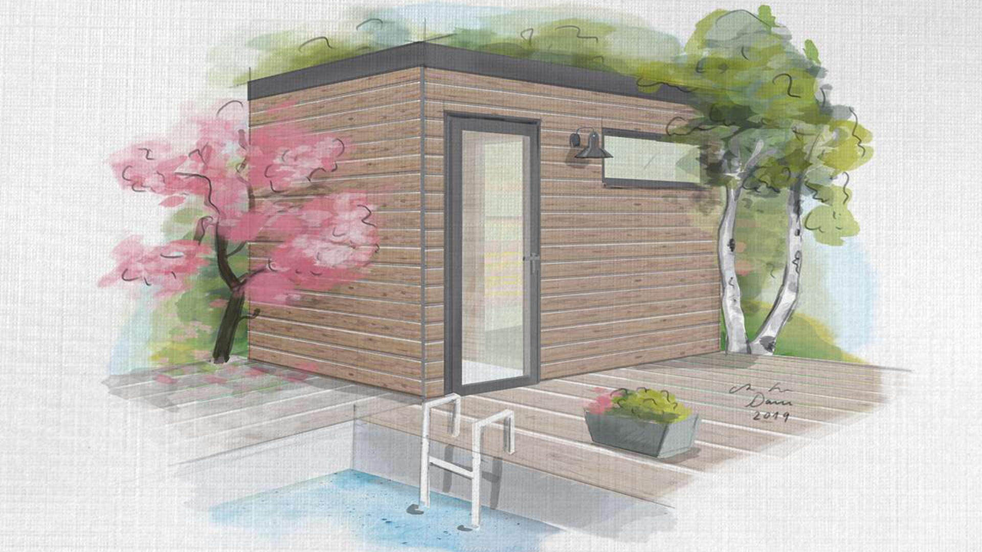 Aquarellartige Illustration eines modernen Holzschuppens am Pool mit einer Glastür, umgeben von Bäumen und einem rosa blühenden Strauch. Im Vordergrund befindet sich ein Schwimmbad mit einer Metallleiter.