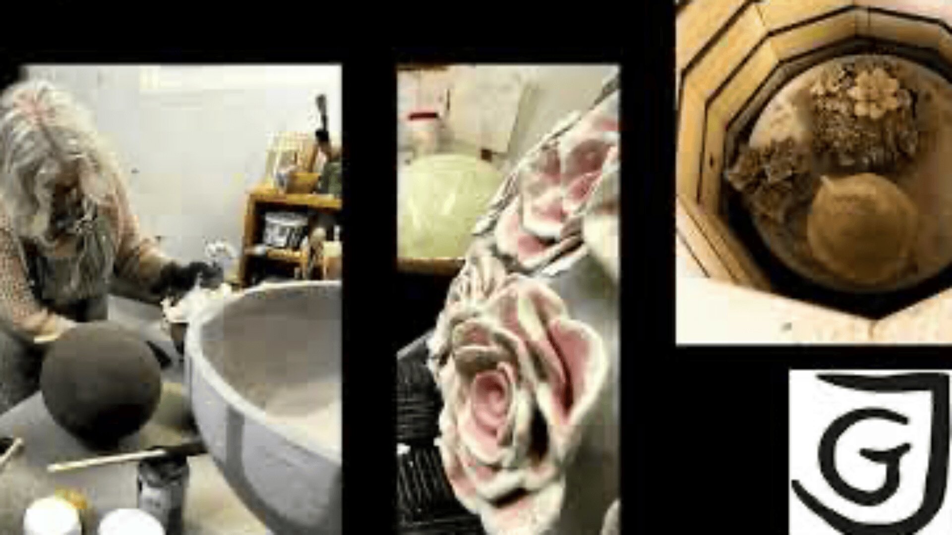Eine Person formt einen großen Tontopf, während eingefügte Bilder Nahaufnahmen von geformten Rosen, Töpferwaren in einem Brennofen und Kunstzubehör zeigen. Ein stilisiertes G-Logo erscheint unten rechts.