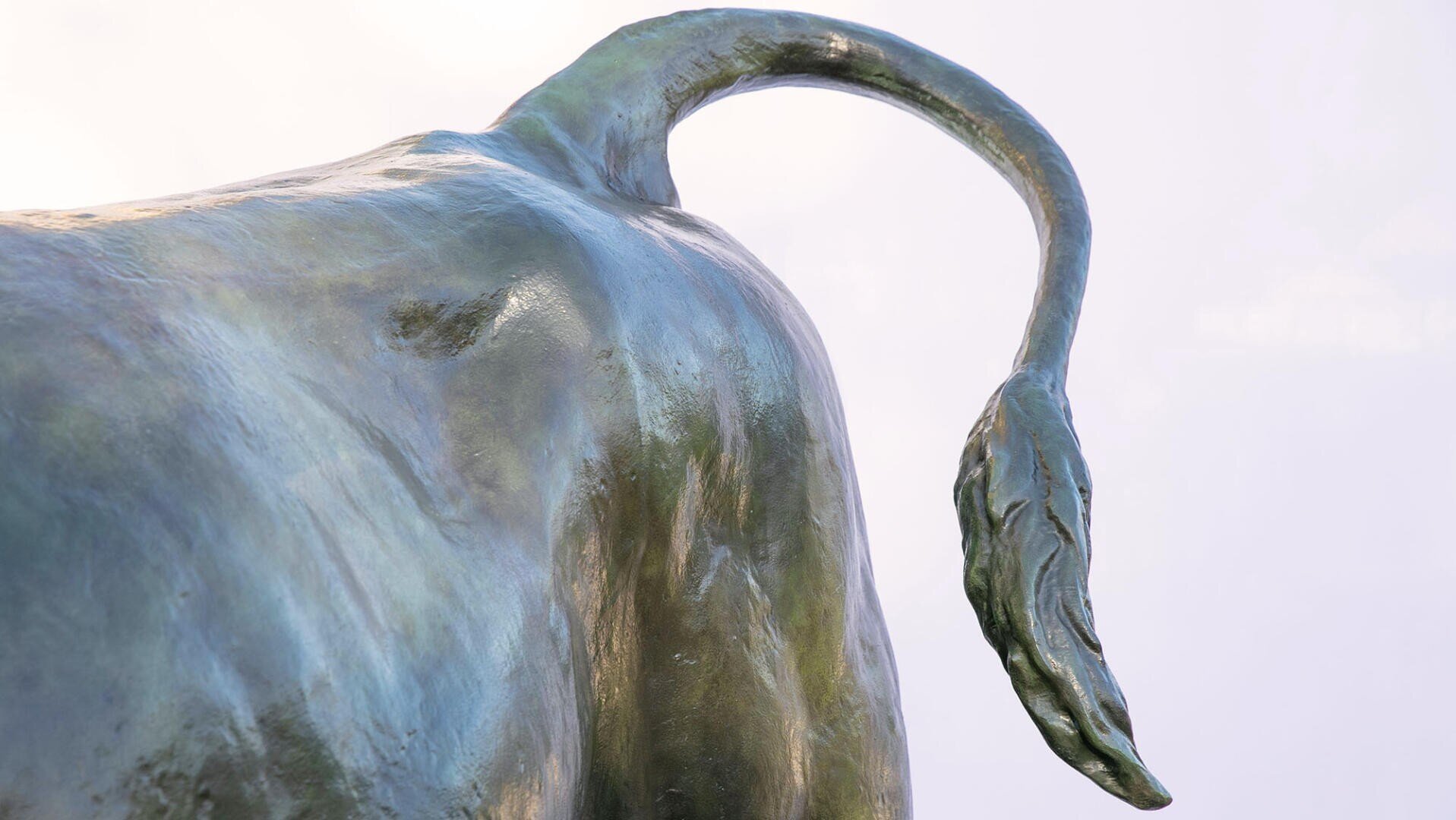 Nahaufnahme einer Bronzeskulptur eines Stiers, die den Rücken und den nach oben gebogenen Schwanz des Tieres vor einem hellen, unscharfen Hintergrund zeigt.