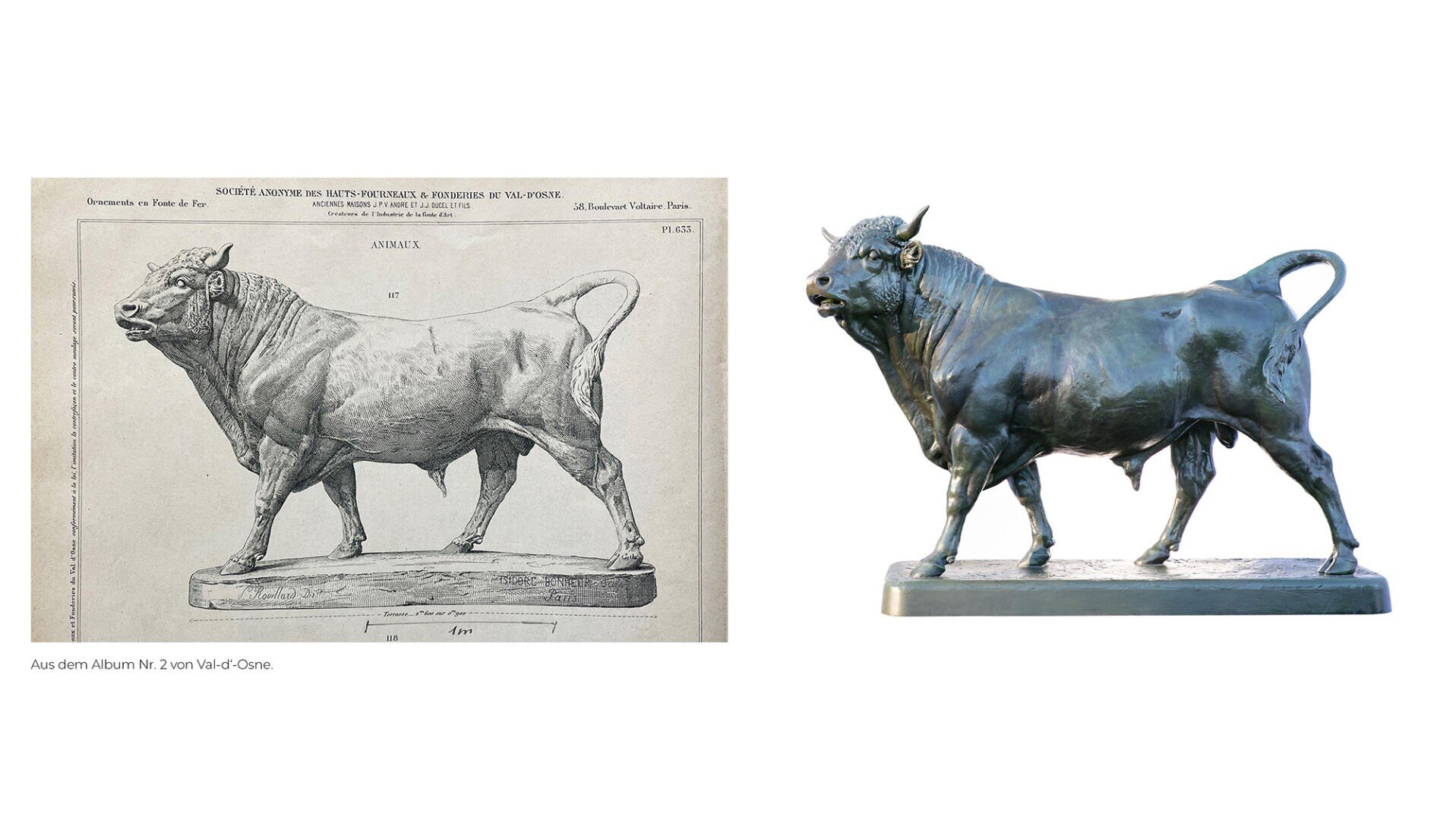 Gegenüberstellung einer detaillierten Schwarz-Weiß-Illustration eines Stiers (links) und einer realistischen Stierstatue aus dunkler Bronze auf einem Sockel (rechts), beide in ähnlicher Pose, nach vorne und leicht nach links gerichtet.