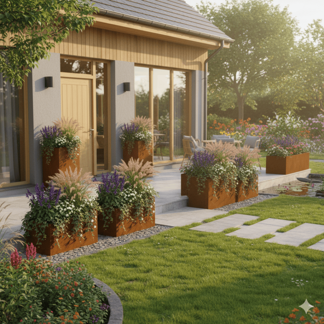 Ein moderner Innenhof mit großen rostfarbenen Pflanzgefäßen, die mit Ziergräsern und Blumen gefüllt sind, säumt einen Steinweg, der zu einem Haus führt, das von einem üppigen grünen Rasen und einem lebendigen Garten umgeben ist.