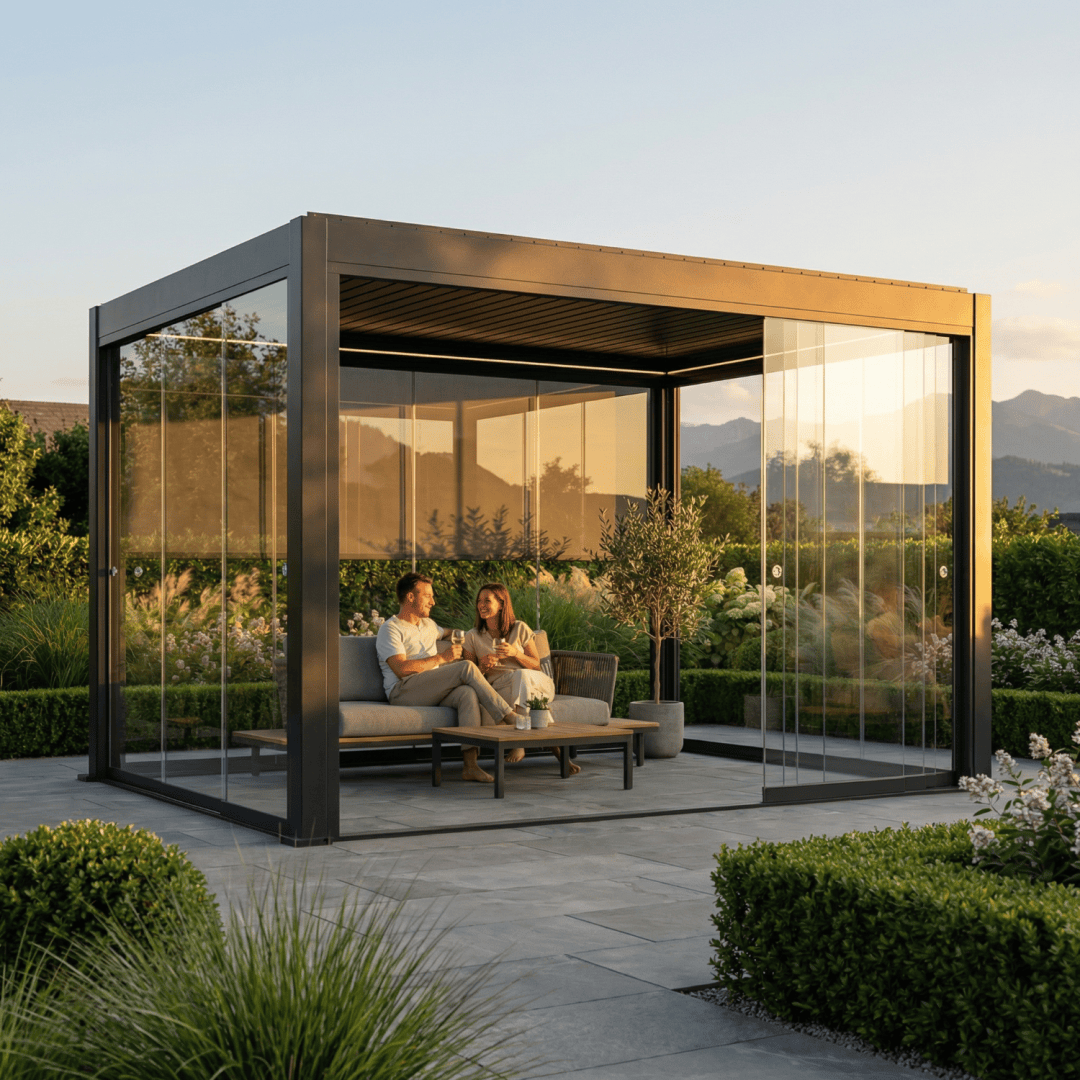 Ein Paar sitzt auf einem Sofa in einem modernen Glaspavillon, umgeben von üppigem Grün und Sträuchern, mit den Bergen im Hintergrund bei Sonnenuntergang.