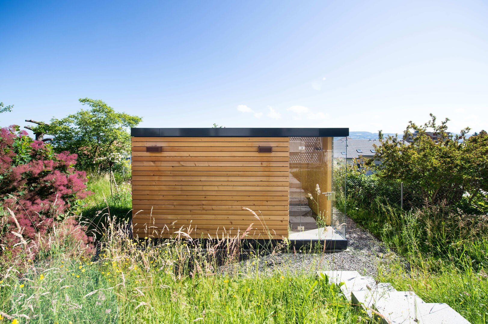 A small modern wooden shed with a glass front, surrounded by tall grass and greenery, under a clear blue sky. A stone path leads to the entrance.