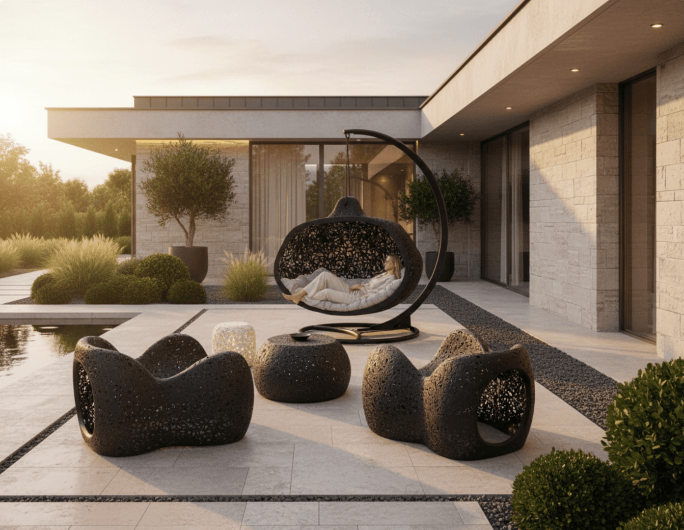 Modern patio with sculpted black outdoor furniture and a hanging chair occupied by a person, set beside a pool and surrounded by greenery, in front of a contemporary house at sunset.