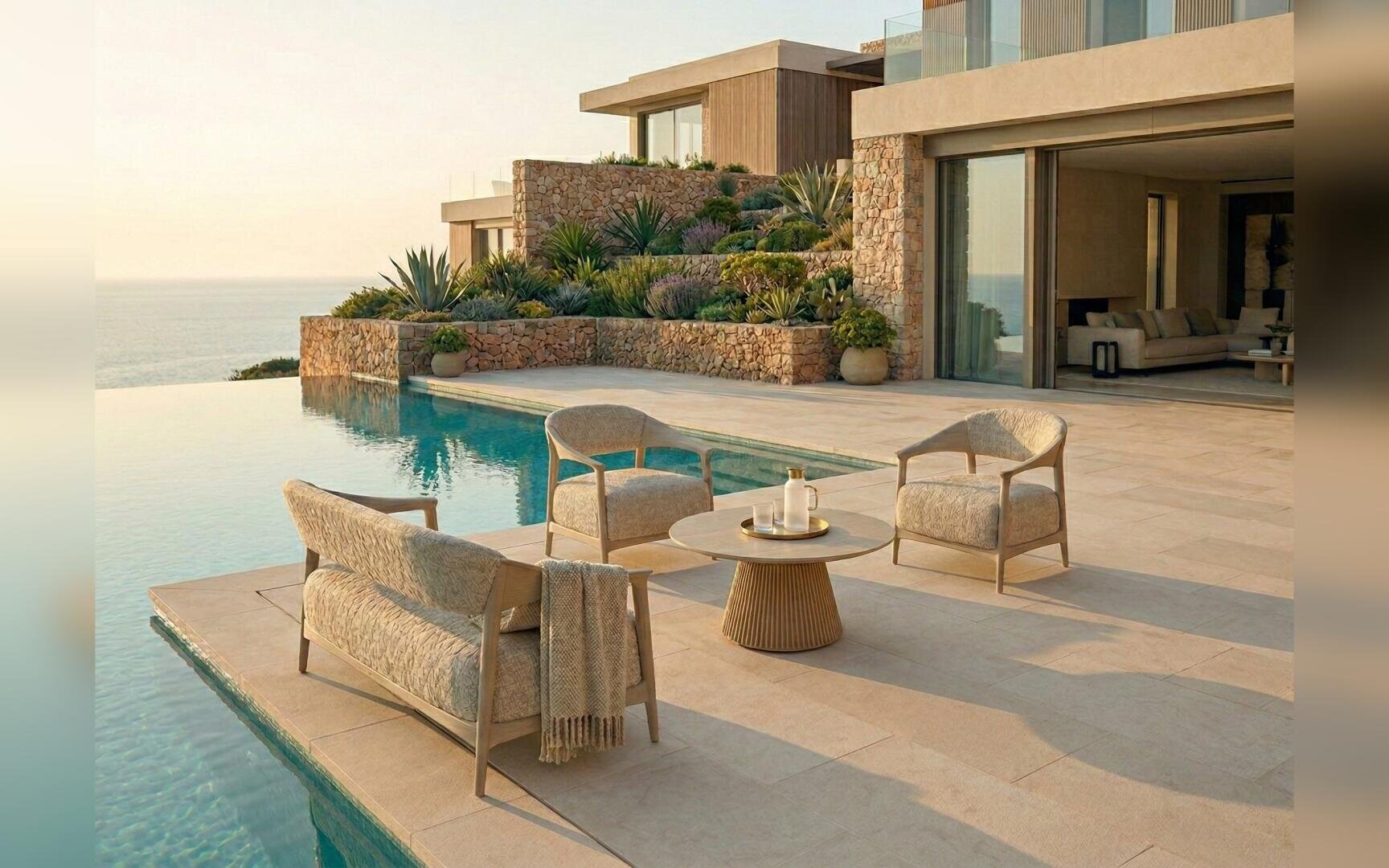 Moderne Außenterrasse mit Pool, Liegestühlen, Sofa und rundem Tisch, mit Blick auf das Meer. Der Bereich ist von Steinmauern, Grünflächen und einem modernen Haus mit großen Glastüren umgeben.