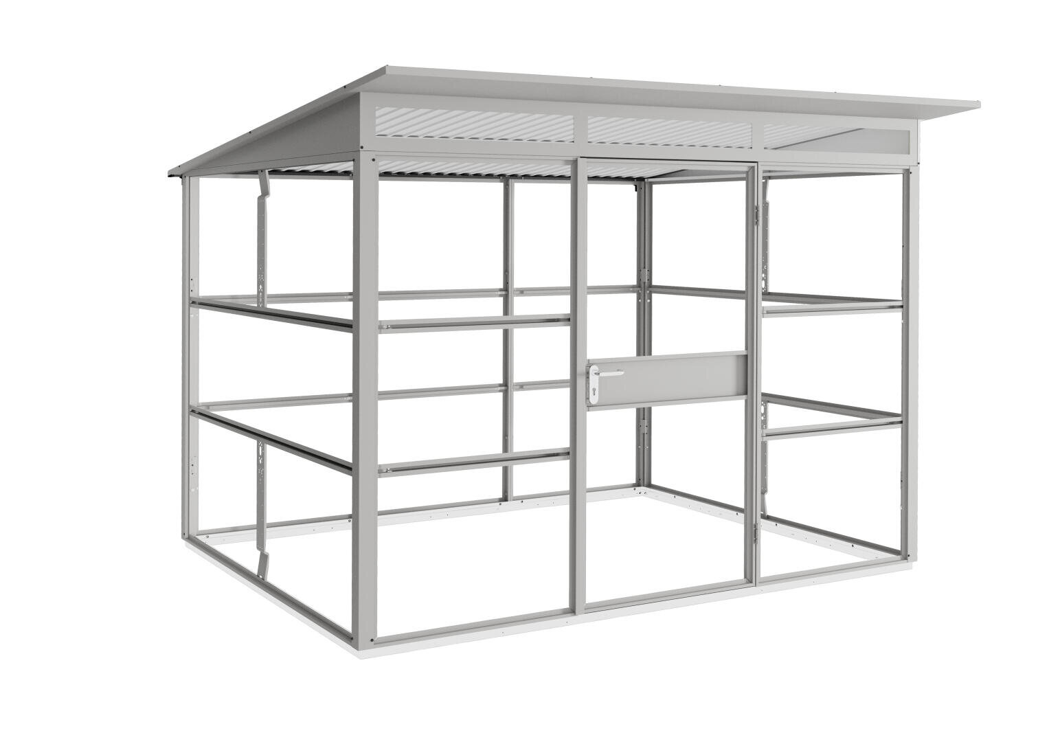 Eine 3D-Darstellung einer Metallrahmenkonstruktion für einen Schuppen oder ein Gewächshaus mit einem schrägen Dach, offenen Seiten und einer Tür mit Griff, alles in einer hellgrauen Farbe.