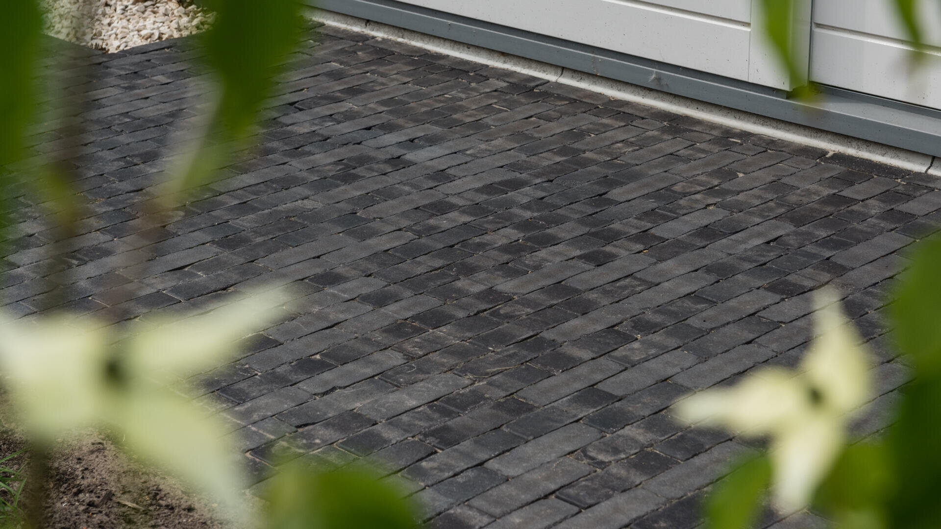 Nahaufnahme einer Terrasse oder eines Gehwegs aus dunklen rechteckigen Fliesen oder Ziegeln, mit unscharfen weißen Blumen und grünen Blättern im Vordergrund und einer Gebäudemauer im Hintergrund.