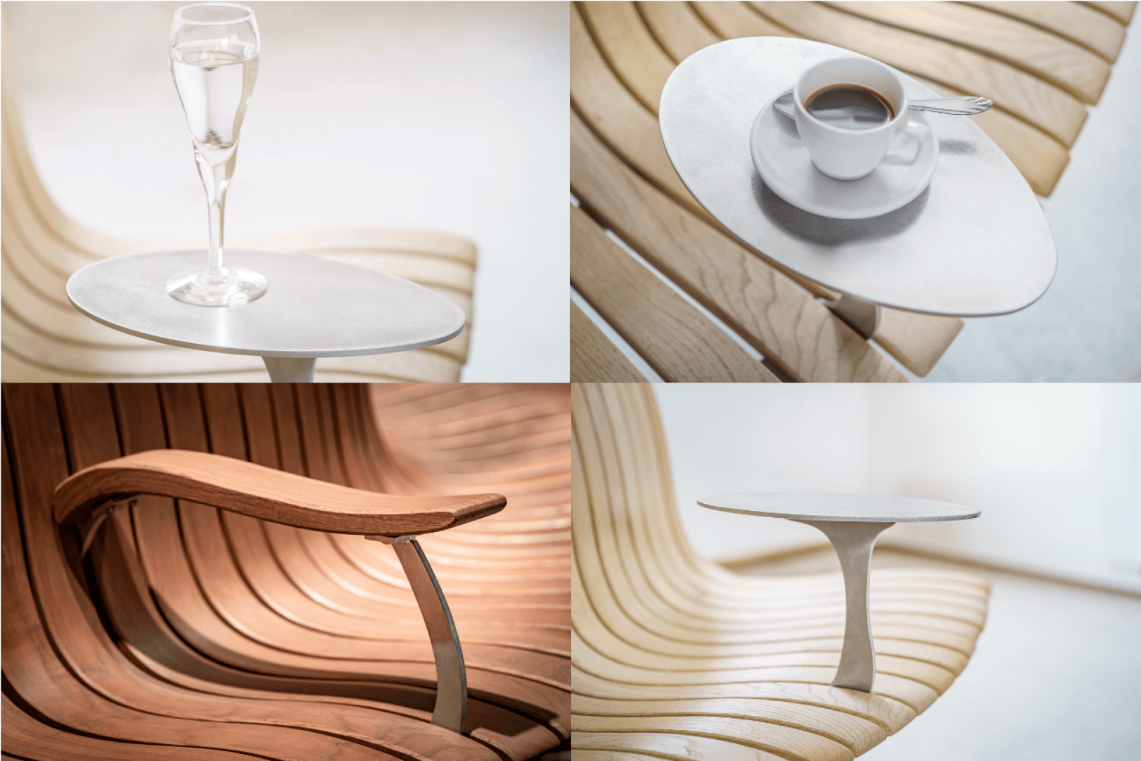 A collage of four pictures shows a modern wooden chair with a curved design and a built-in table. On the table is a glass of sparkling water in one picture and a cup of coffee in another. Close-ups emphasize the details of the chair.