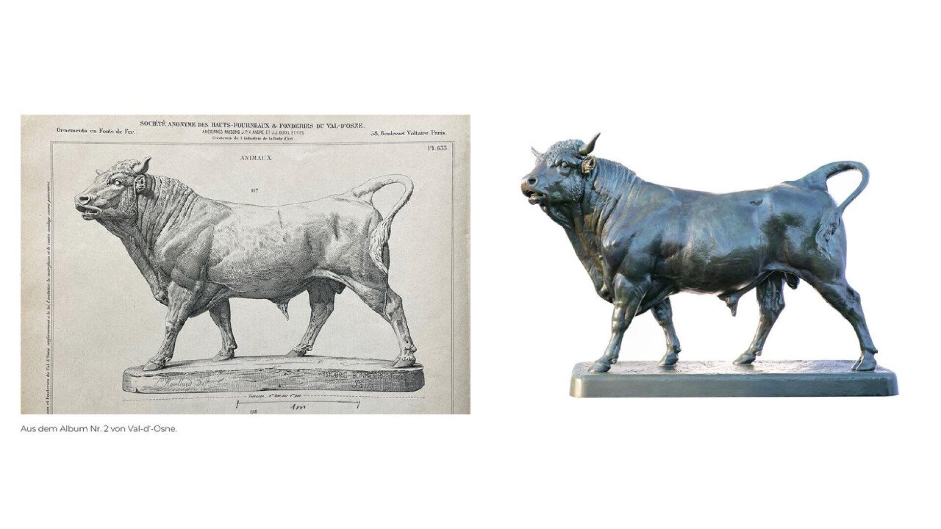 A black-and-white drawing of a bull on the left is displayed next to a bronze bull statue on the right; both bulls stand on a similar base, in a similar pose, facing right.
